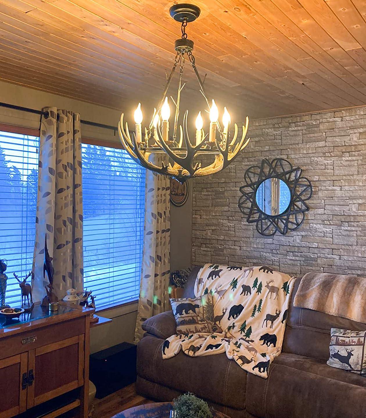 Rustic Antler Chandelier 6 Lights, Farmhouse Chandeliers with Resin 6 Antlers and Retro Metal Wagon Wheel Chandelier Vintage Style for Dining Room, Kitchen, Island, Living Room UL Listed