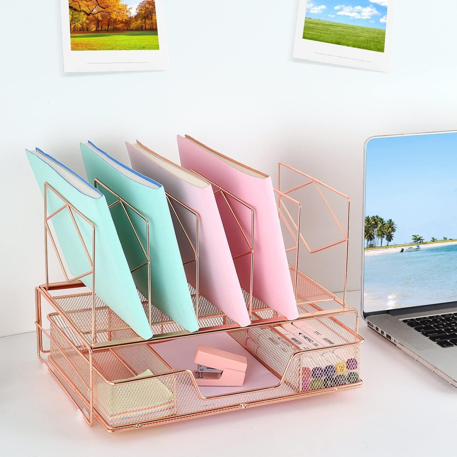 Elegant Desk Organizer "Rose Gold" Sliding Drawer 5 Upright File Sorter Office Supplies