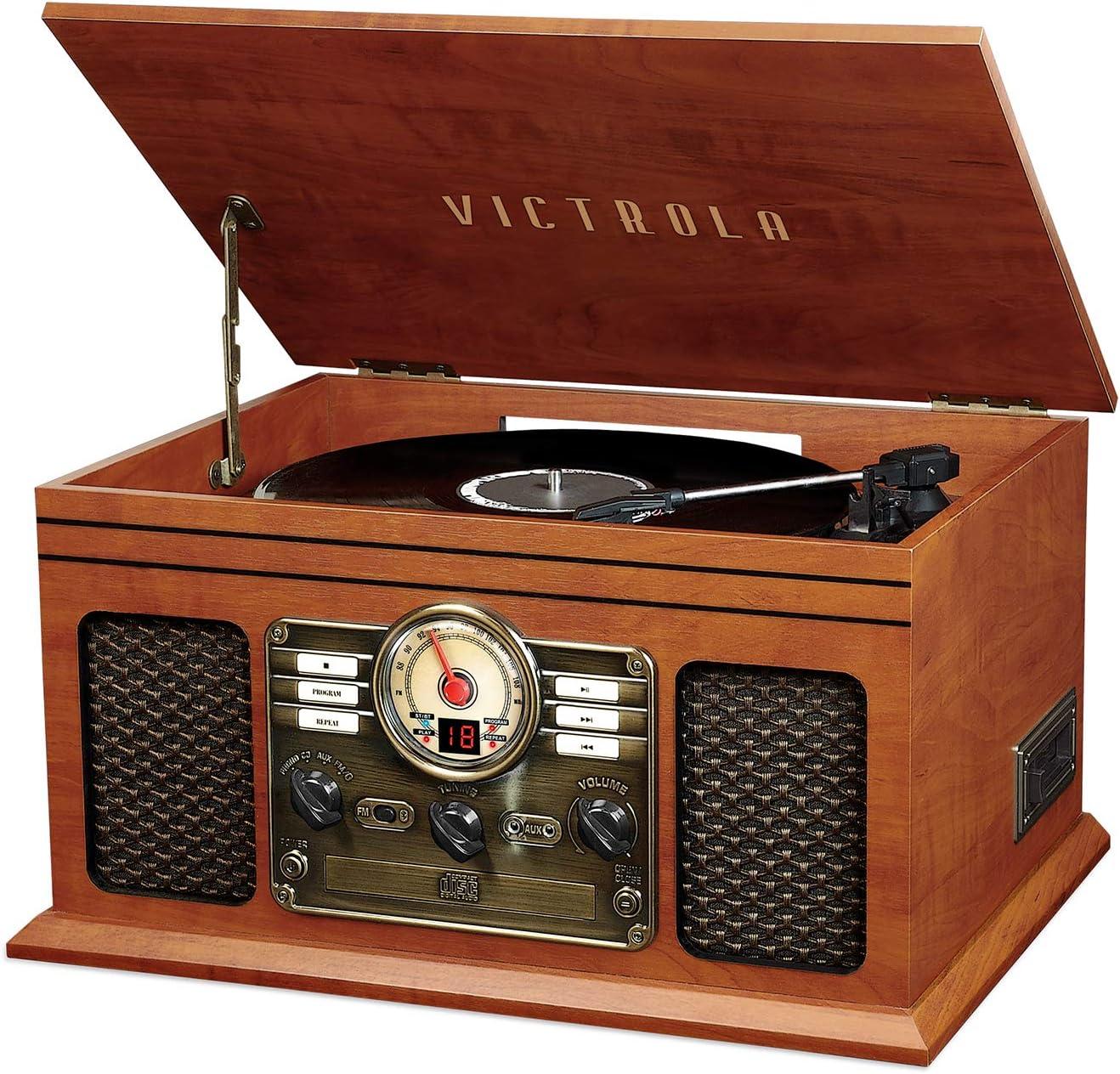 Mahogany Vintage 7-in-1 Bluetooth Record Player with USB and AM/FM Radio