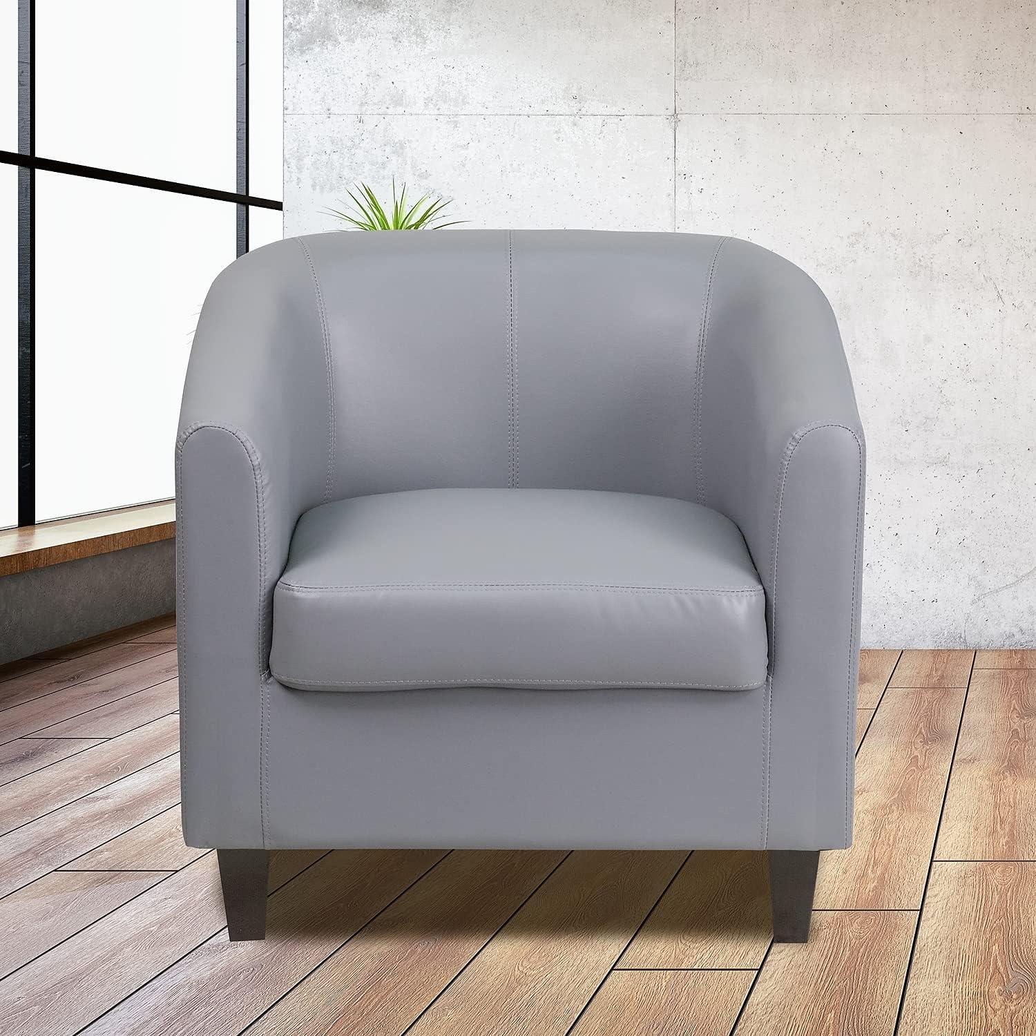 Elegant Gray Leather Barrel Lounge Chair with Wooden Accents