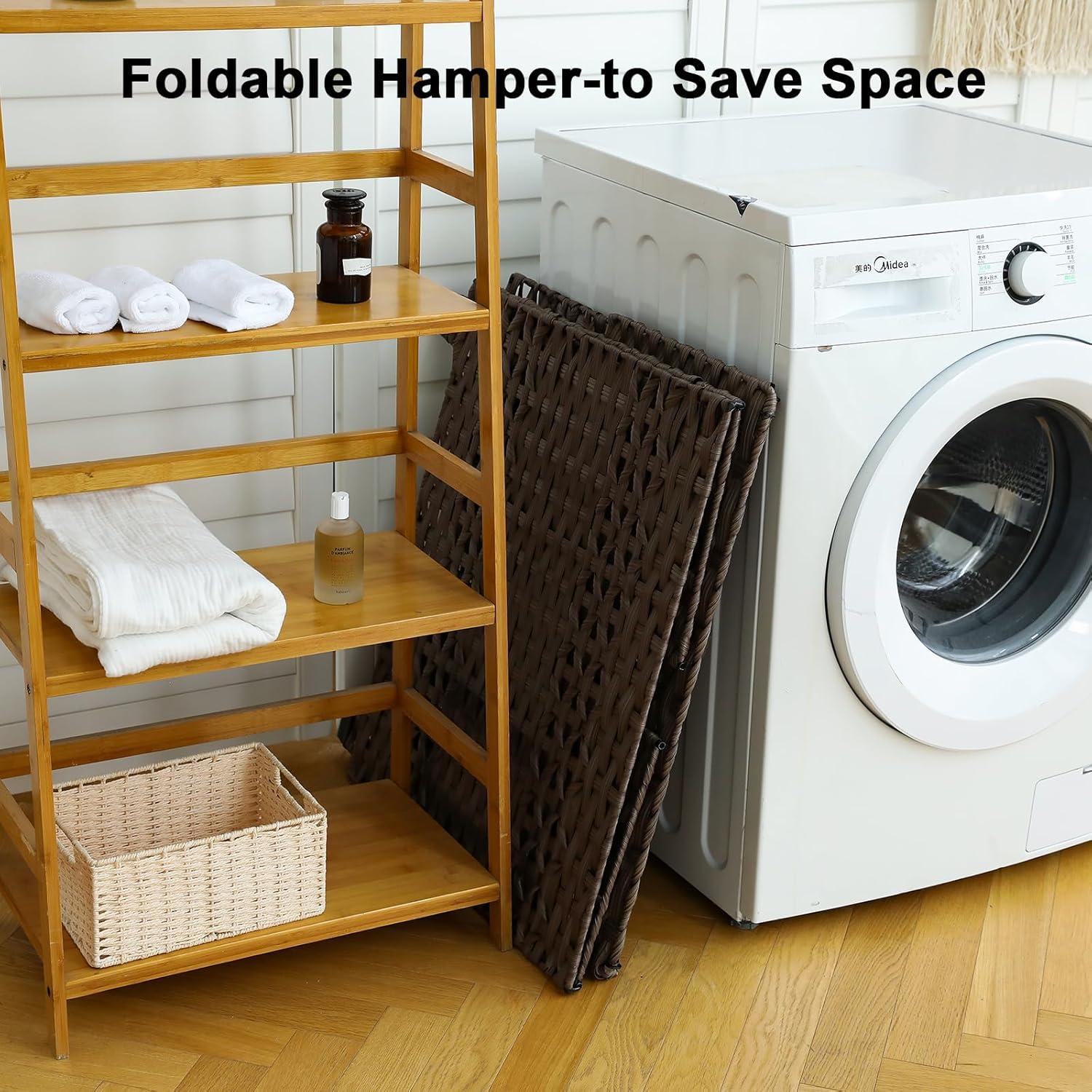 OIAHOMY Laundry Hamper with Lid, 140L Clothes Hamper with 3 Removable Liner Bags, Foldable Basket with Lid, Synthetic Wicker Laundry Basket for Bedroom, 27x 13 x 26 Inches, Brown