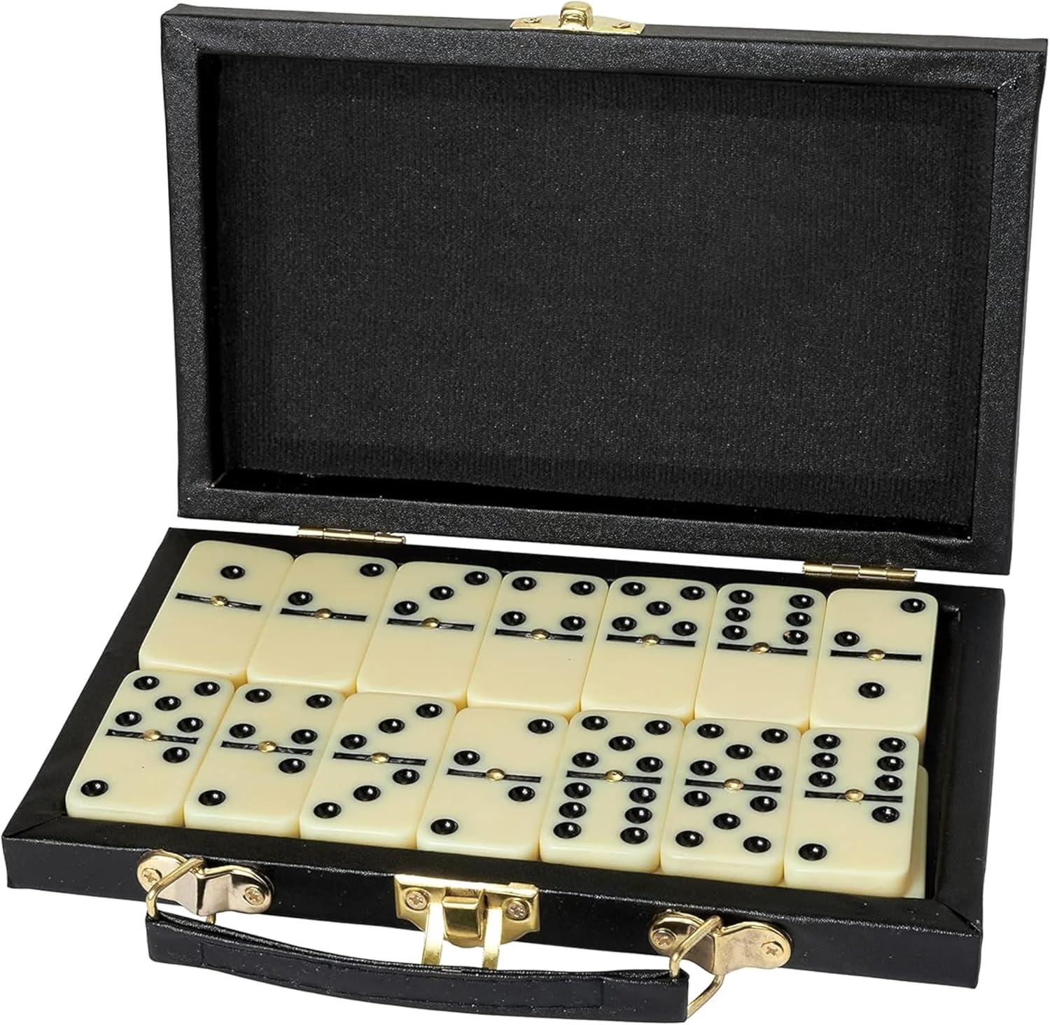 Leyeet Premium Classic Domino Set - Jumbo - Double Six - 28 Thick Pieces in Durable Wooden Vegan Leather Box for Boys, Girls, Adults, Kids Party Favors and Game Night Use - Up to 2-4 Players