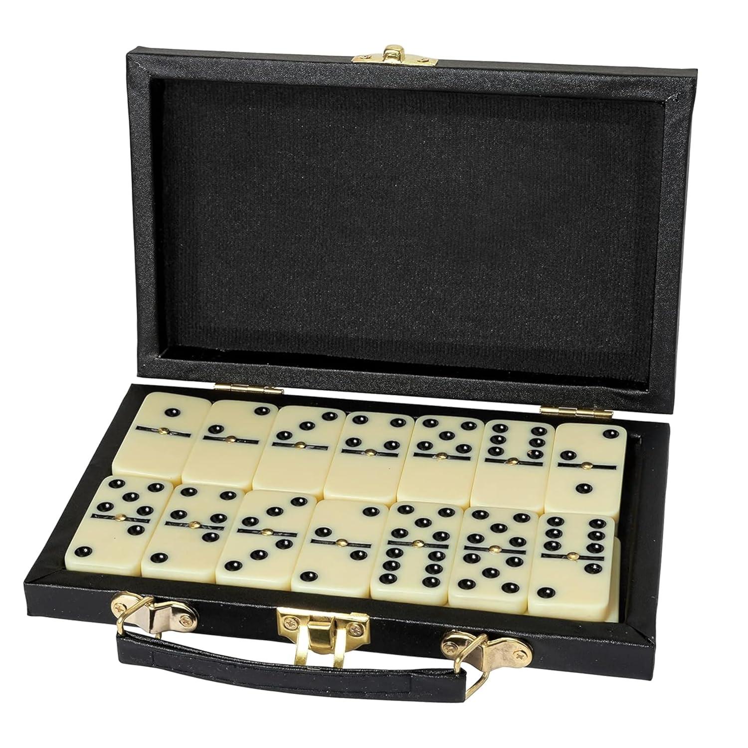 Leyeet Premium Classic Domino Set - Jumbo - Double Six - 28 Thick Pieces in Durable Wooden Vegan Leather Box for Boys, Girls, Adults, Kids Party Favors and Game Night Use - Up to 2-4 Players