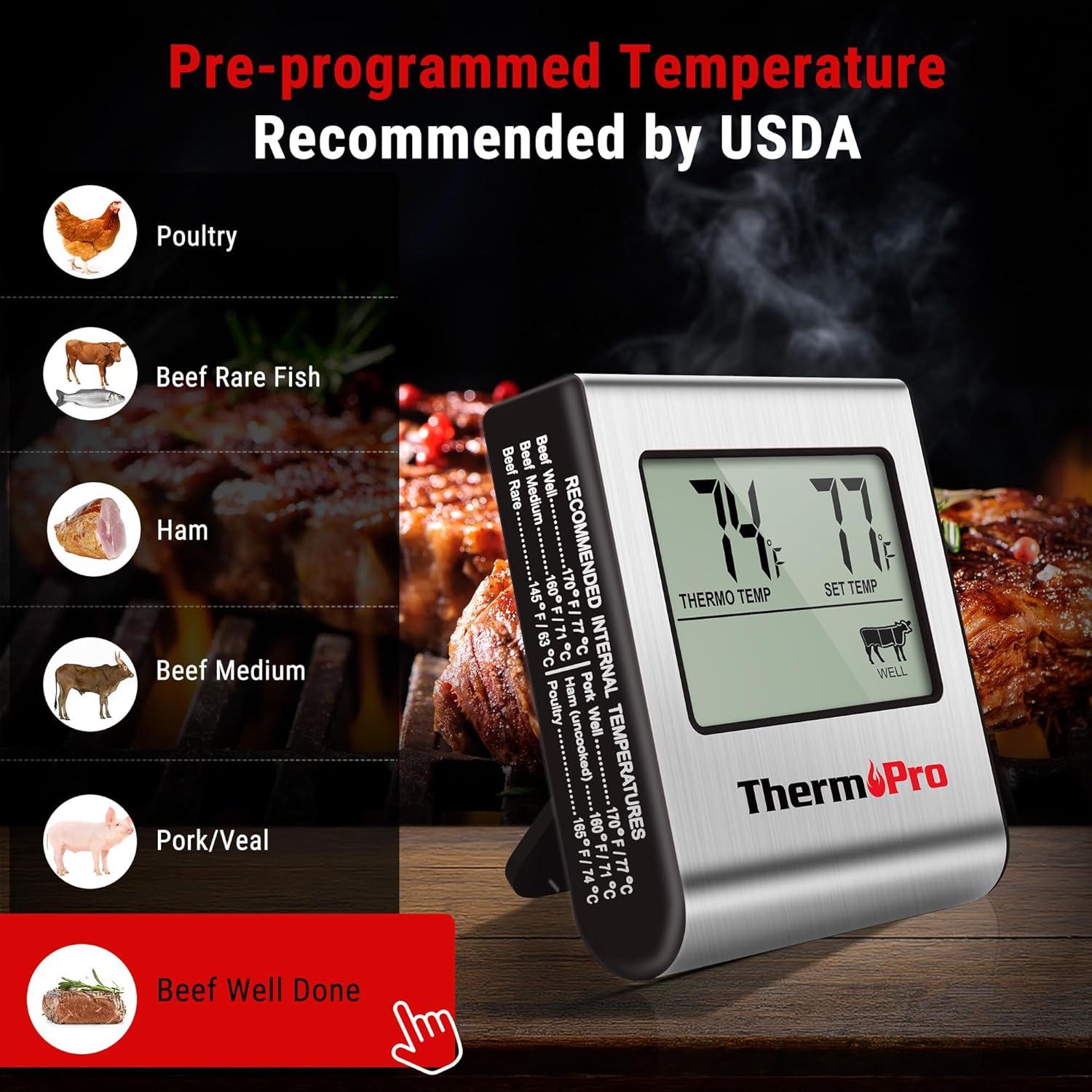 ThermoPro TP16SW Digital Meat Thermometer for Cooking and Grilling, BBQ Food Thermometer with Backlight and Kitchen Timer, Grill Temperature Probe Thermometer for Smoker, Barbecue, Oven, Cookware