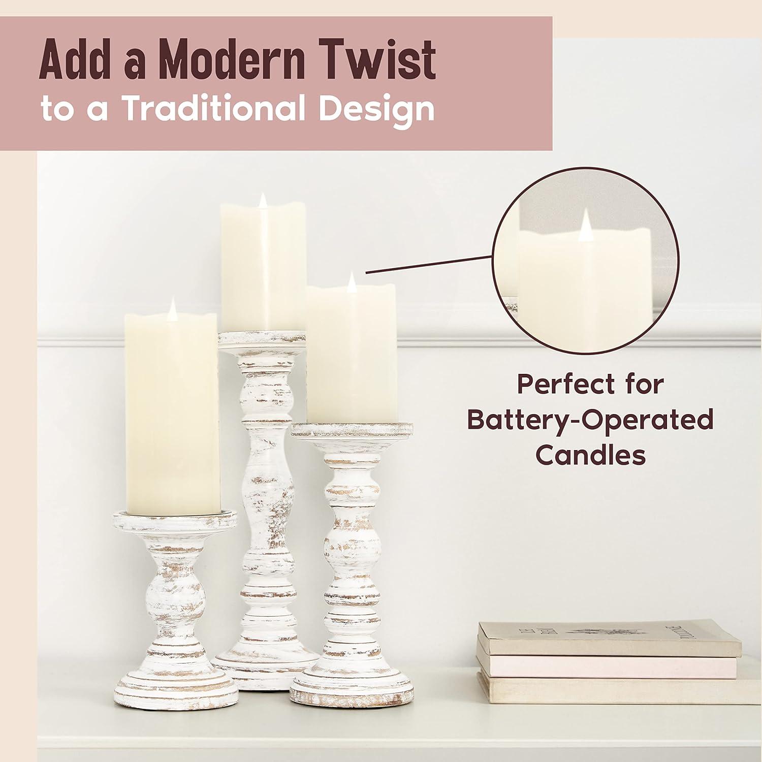 Candle Holders for Pillar Candles - Large Wooden Tall Candle Holders Compatible With Battery-Operated Candles - Pillar Candle Holders Set of 3 Rustic White