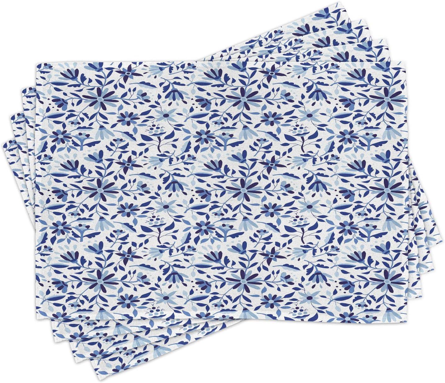 Ambesonne Blue Place Mats Set of 4, Modern Flowers Leaves Buds, Standard Size, Pale Blue Navy Blue