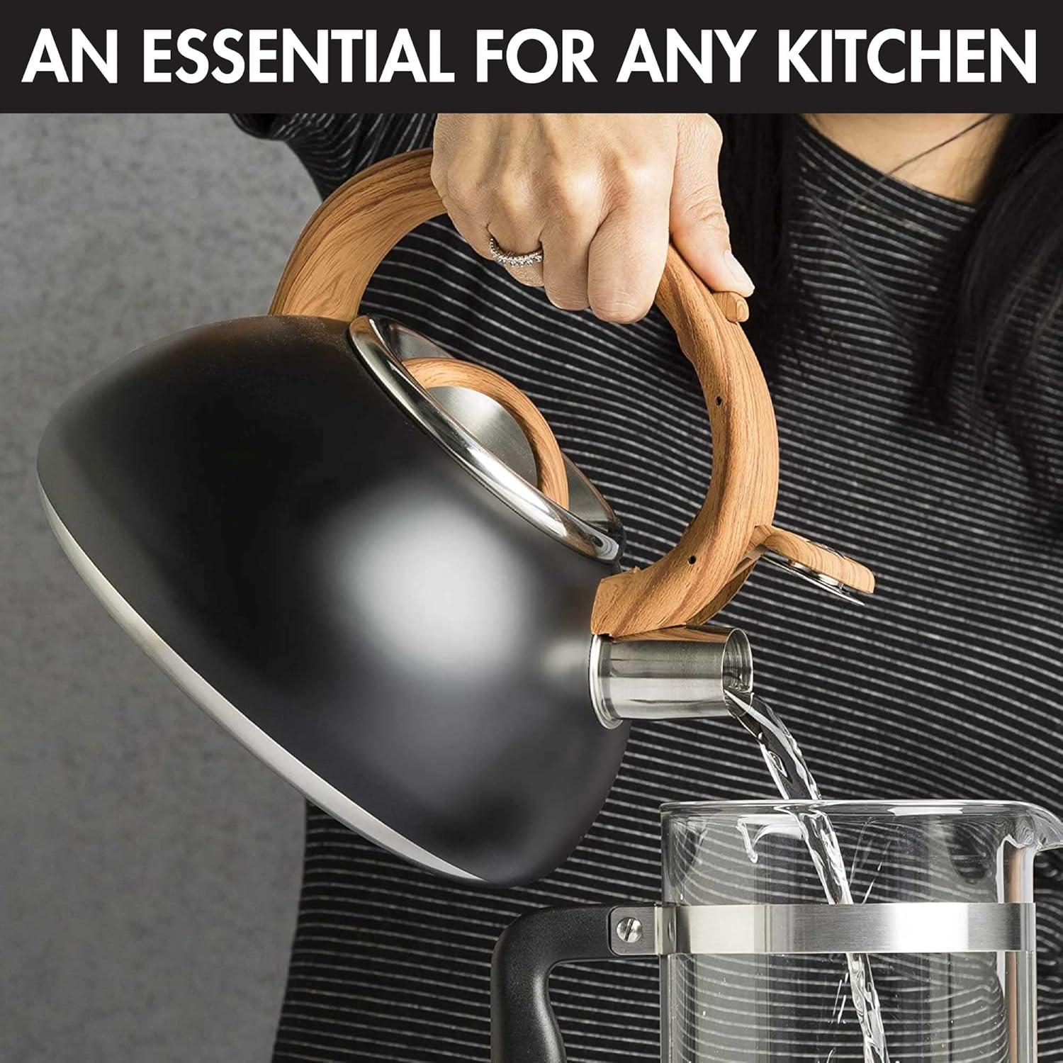 Matte Black and Wood Stainless Steel Whistling Tea Kettle