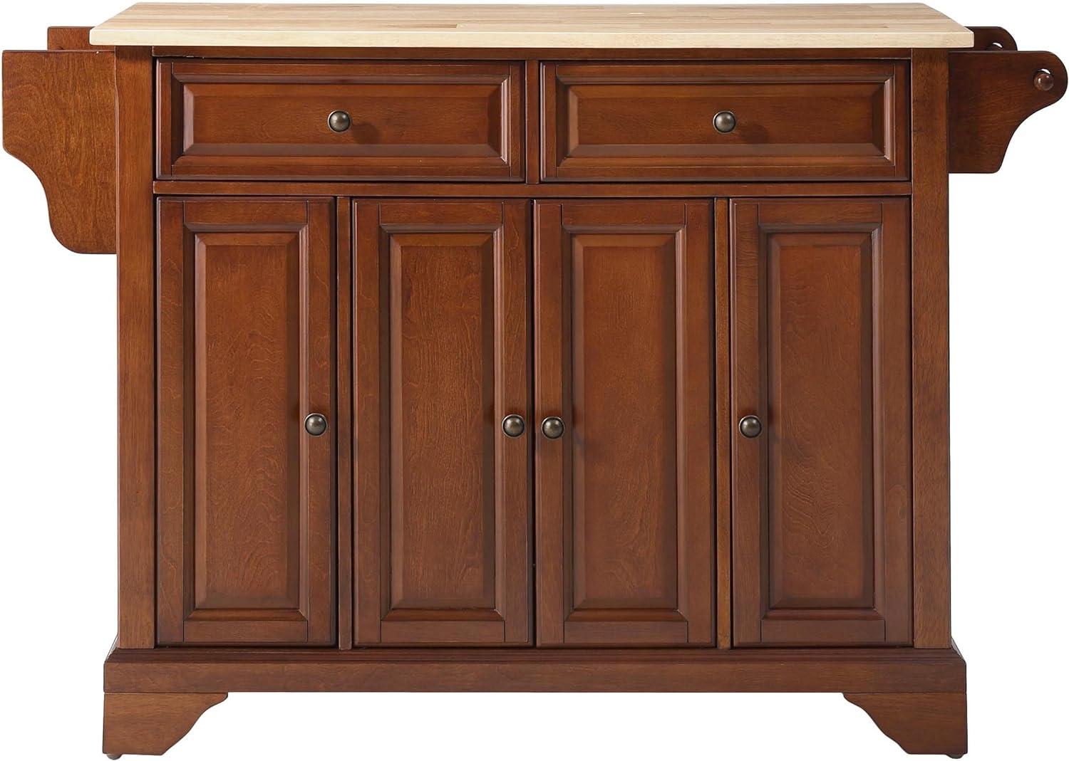 Crosley Lafayette Wood Top Full Size Kitchen Island/Cart Cherry/Natural: With Adjustable Shelves, Towel Bar, 5 Drawers