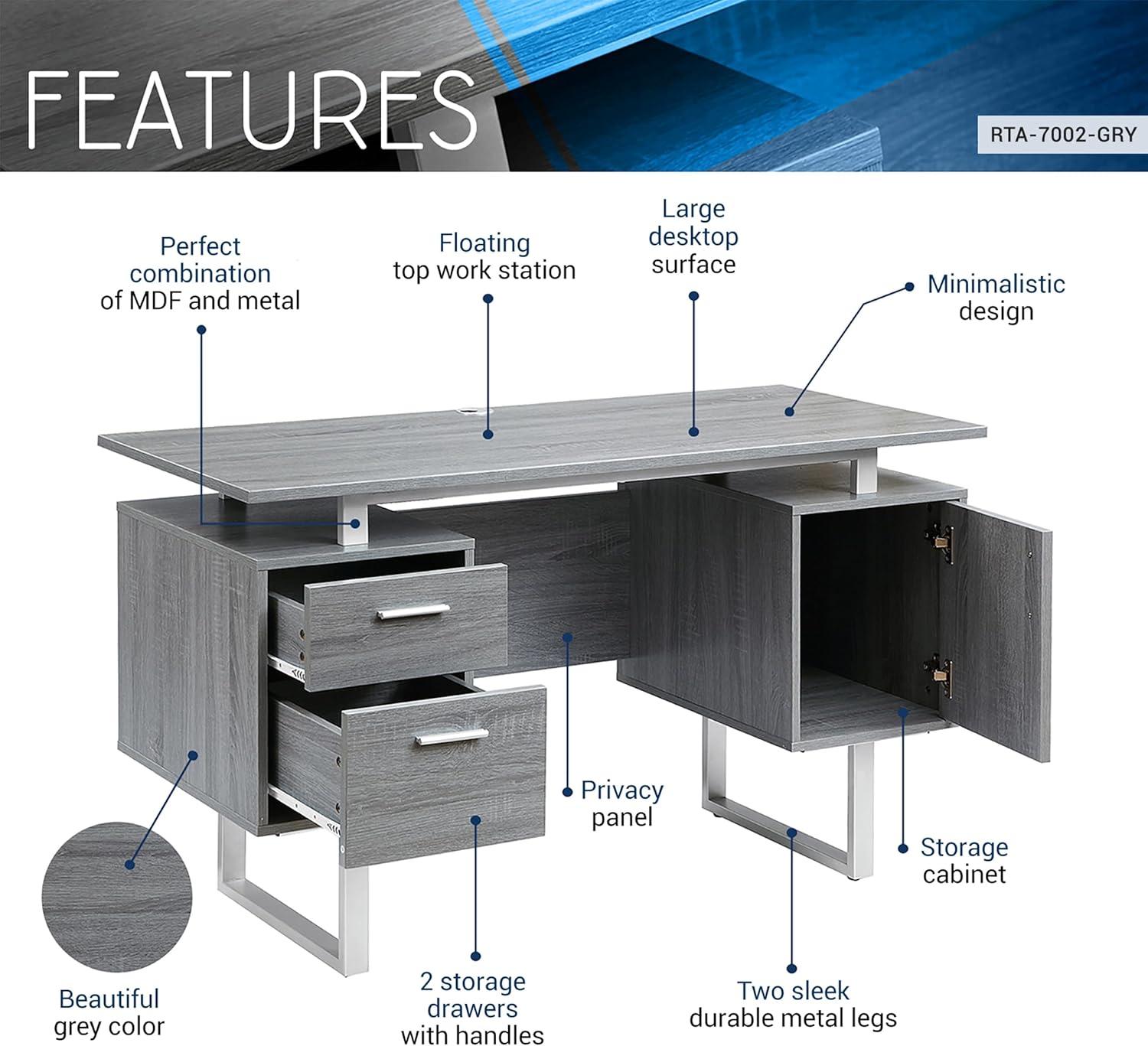 Modern Office Desk with Storage Gray - Techni Mobili: Sleek Metal Legs, File Cabinet, Floating Top