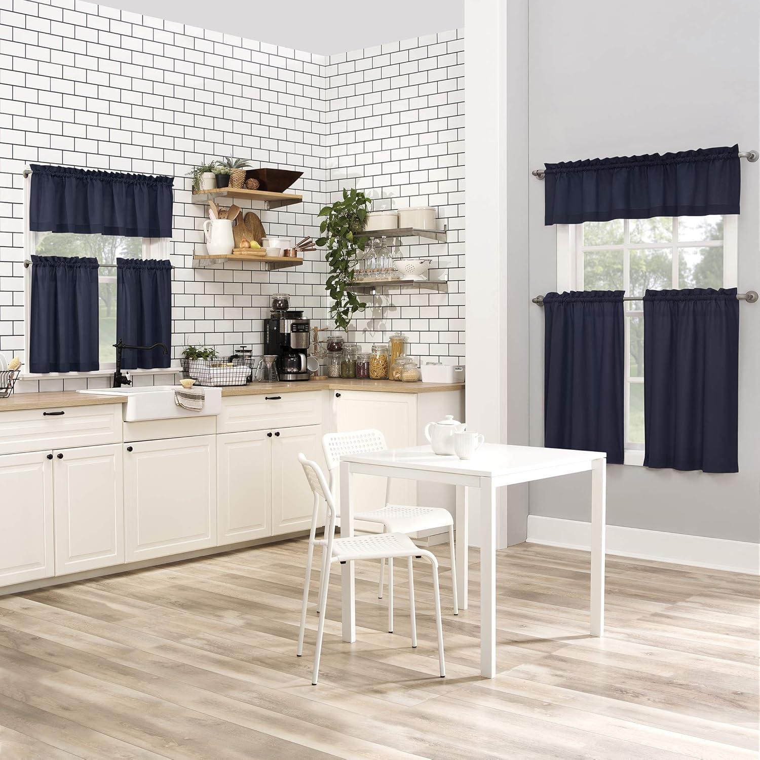 Navy Blue Sheer Polyester Rod Pocket Kitchen Curtain Set