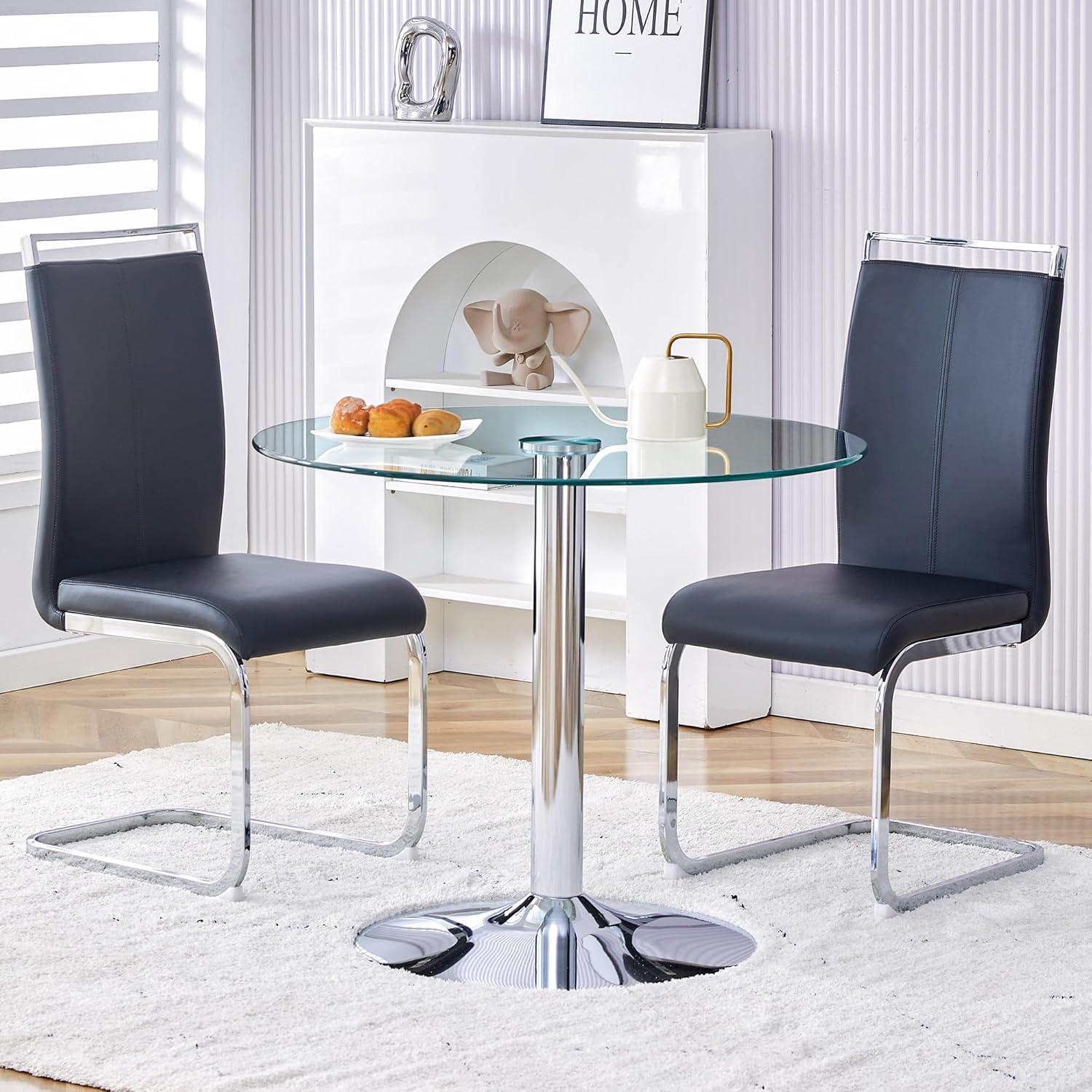 35" Round Glass Dining Table with Silver Metal Base