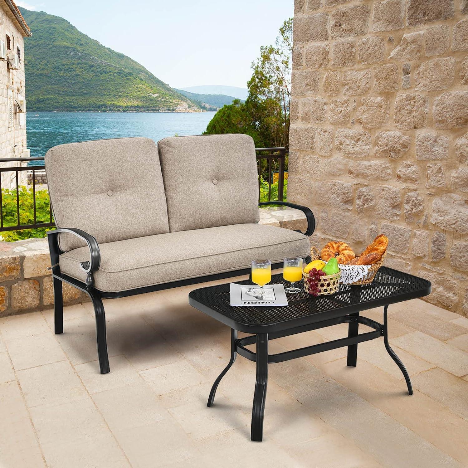 Beige Cushioned Steel Patio Loveseat with Coffee Table