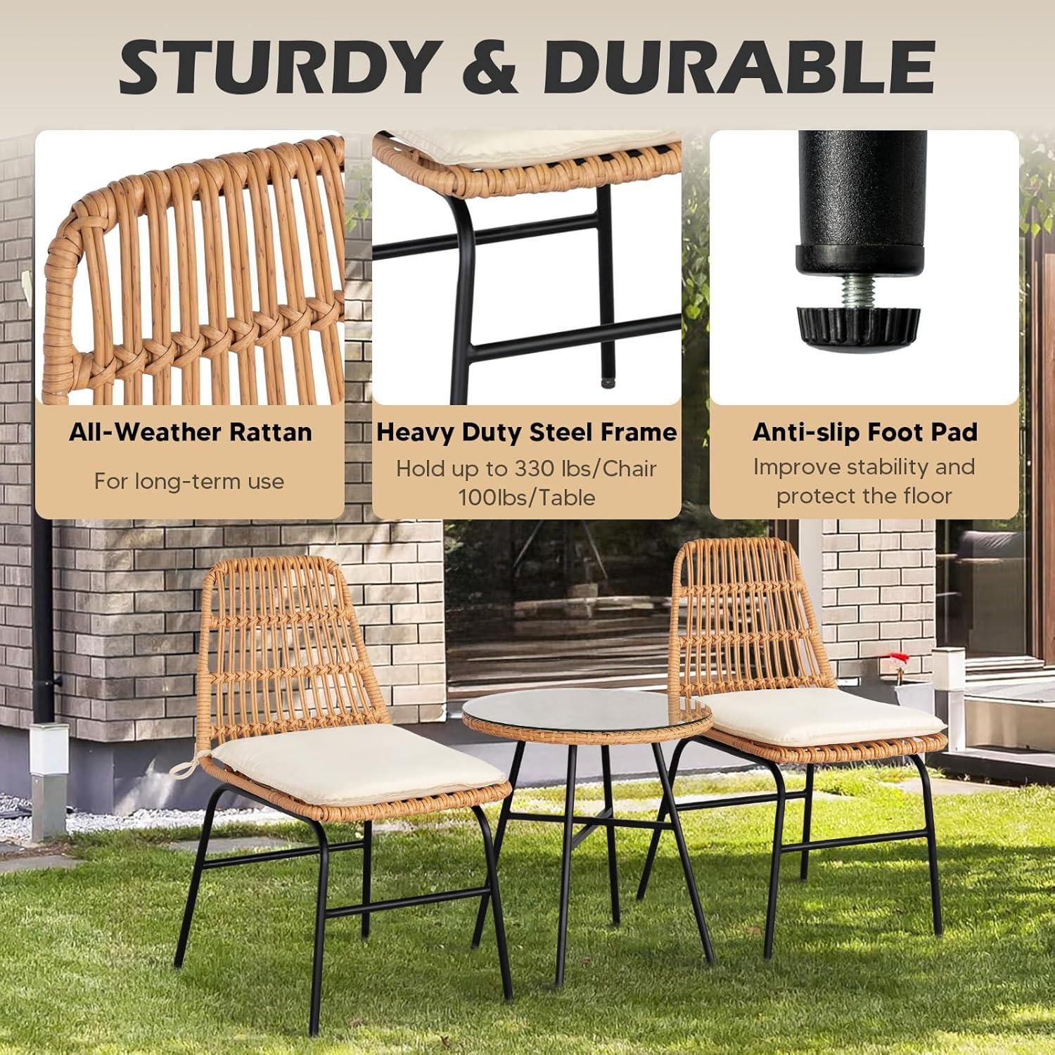 Black Steel and Wicker 3-Piece Patio Bistro Set with Beige Cushions