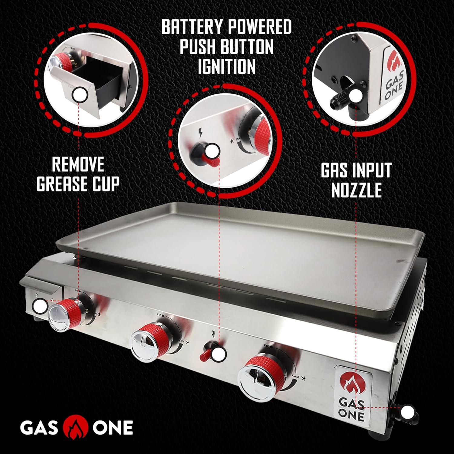 Gas One Flat Top Grill with 3 Burners – Auto Ignition Propane Portable Gas Grill – Premium Stainless Steel Body Tabletop Grill with Pre Season Griddle – Convenient Drip Tray – Ideal for RV, Camping