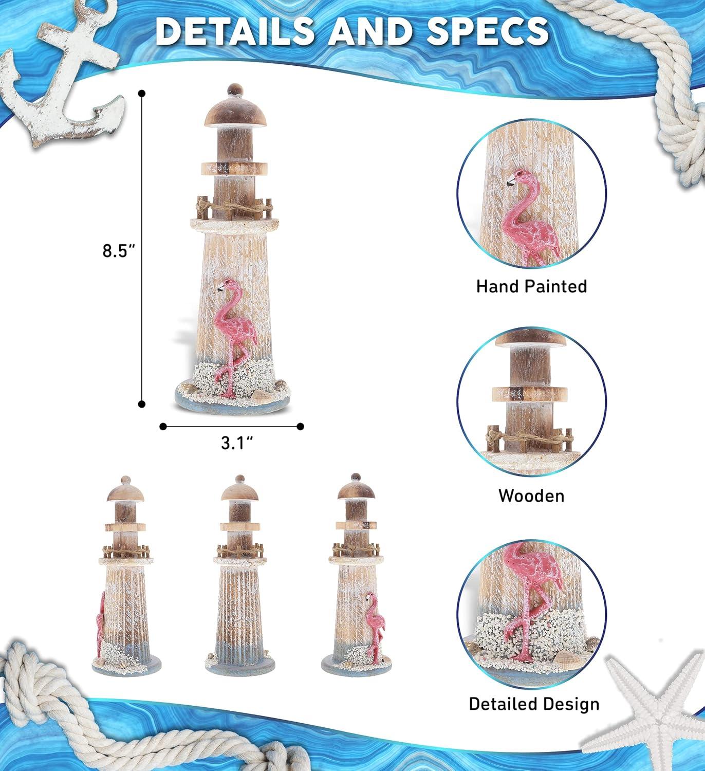 CoTa Global Flamingo Beach Lighthouse Decor - Handmade and Crafted Wooden Lighthouse Decoration with Sea Shells, Decorative Beach Style Tabletop Centerpiece, Nautical Themed Home Decor - 8.5 Inch