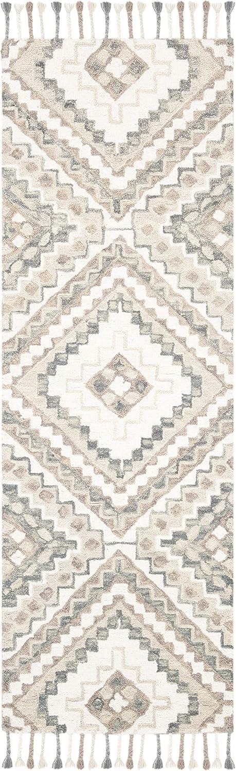 Ivory and Taupe Geometric Wool Runner Rug with Fringe