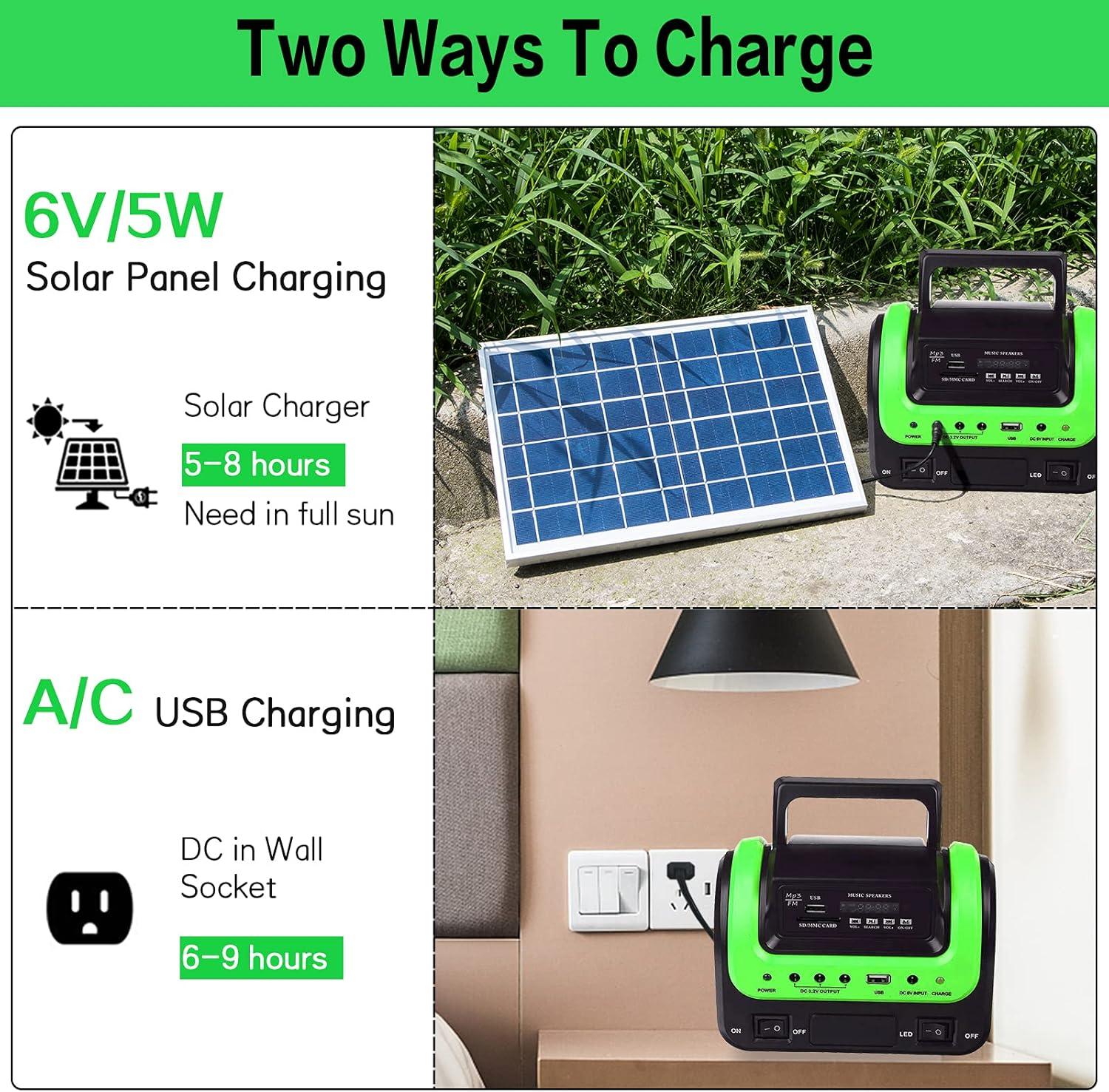 Green Portable Solar Power Station with LED Lights and USB Outlets