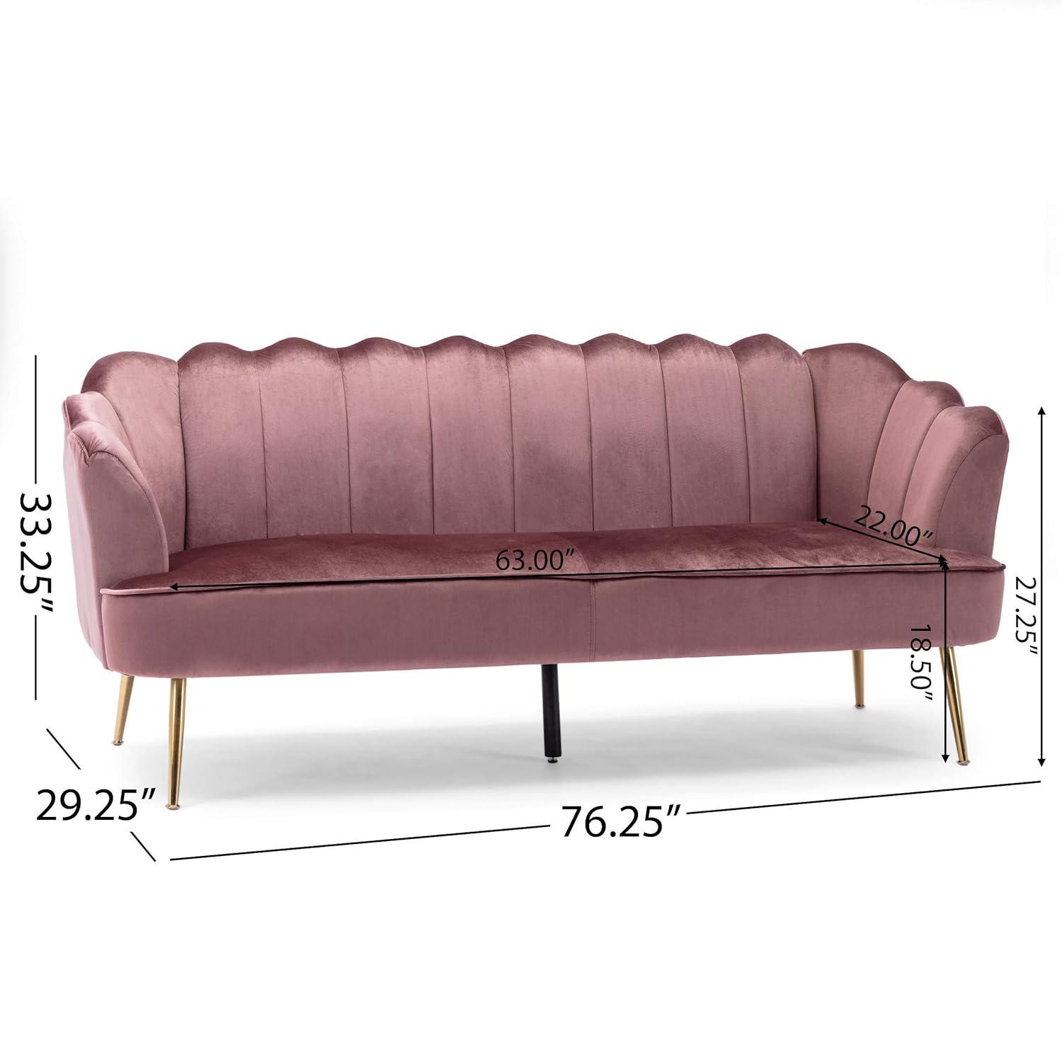 Reitz Modern Glam Velvet Channel Stitch 3 Seater Shell Sofa Blush Pink/Gold - Christopher Knight Home: Durable Iron Legs, Polyester Upholstery