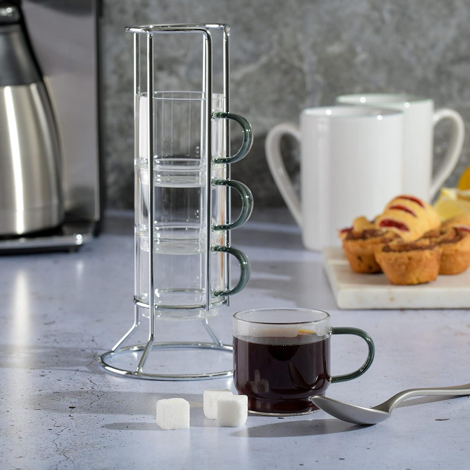 Gibson Soho Lounge 4-Piece Stackable Glass Espresso Cup Set with Rack