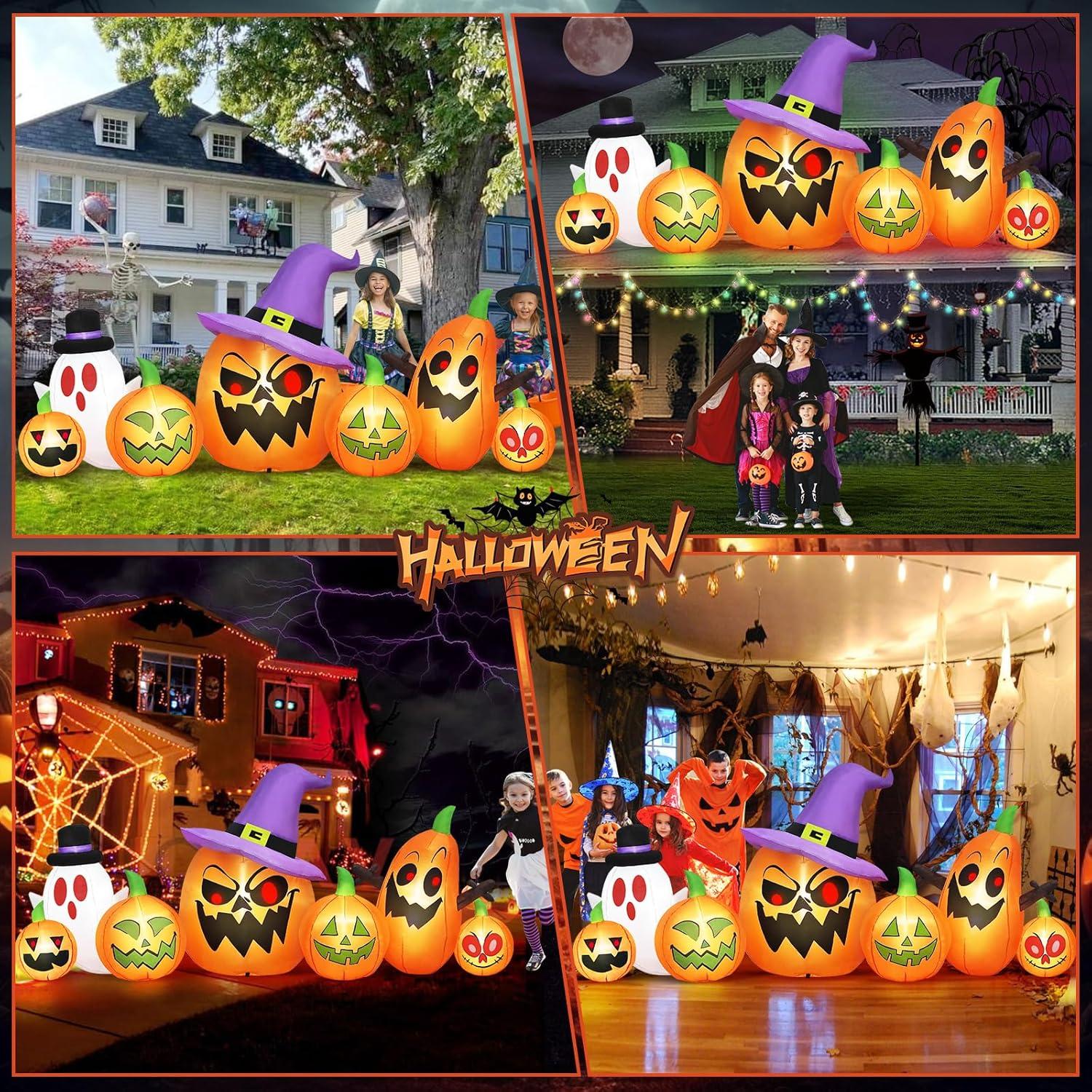 8FT Long Halloween Inflatables Outdoor Decorations, Haunted Inflatable Pumpkins With Witch Hat & Ghost Combo Blow Up Yard Decoration Built-In Leds Lighted For Lawn Garden Outside Indoor Decor