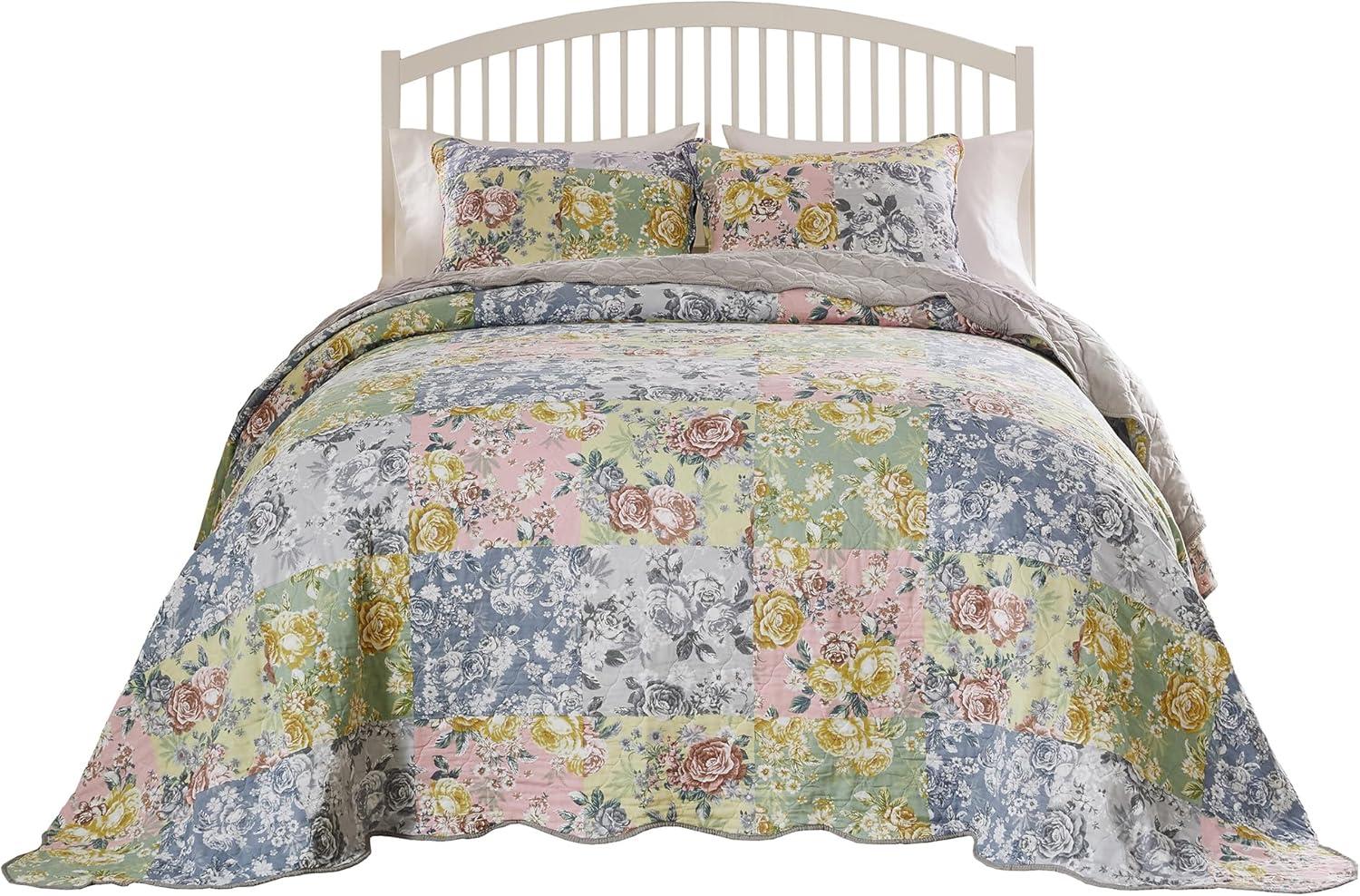 Greenland Home Fashions Emma Traditional Patchwork Floral Quilted Bedspread Set, 3-Piece Jumbo King, Gray