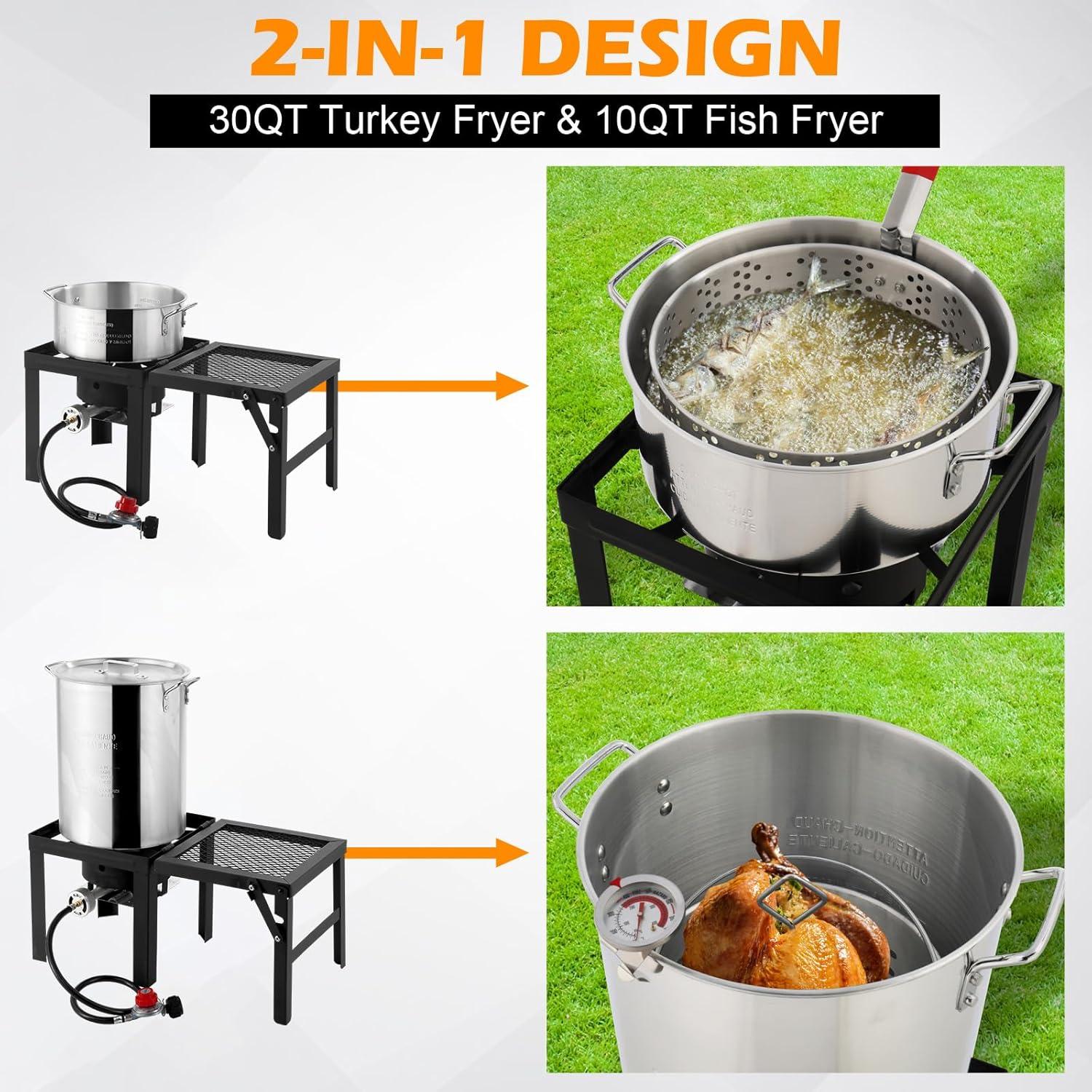 ROVSUN 30QT Turkey Fryer & 10QT Fish Fryer with 55000BTU Propane Burner, Outdoor Deep Fryer & Seafood Crawfish Boiler Steamer Pot with Thermometer, Marinade Injector, Turkey Rack & Rack Lifter