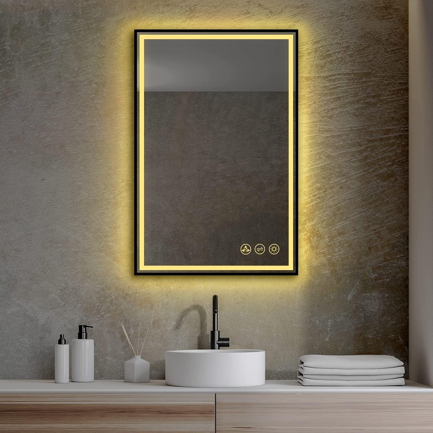 Elegant 24x36 Rectangular Vanity Mirror with Adjustable LED Lighting, Silver and Gold