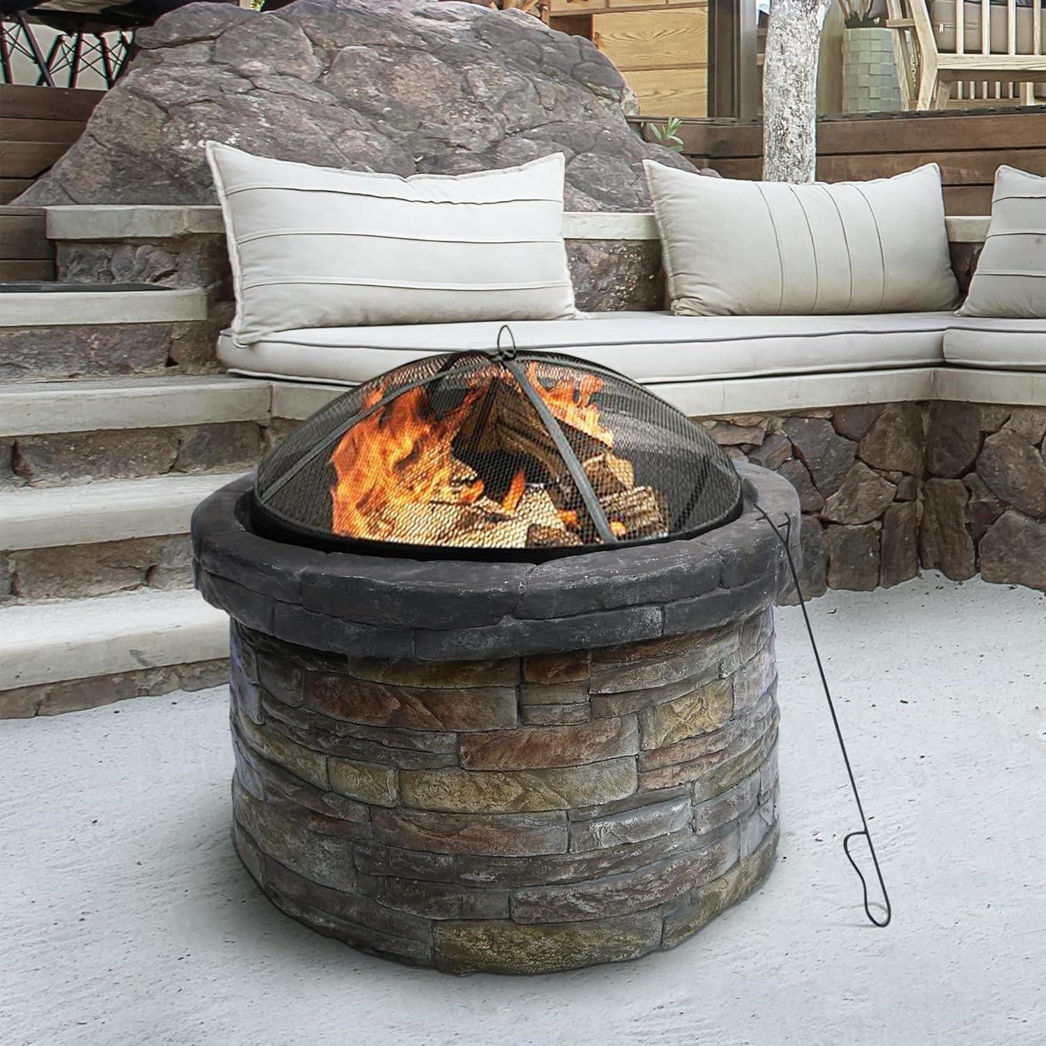 Annotto Teamson Home 26.5" Outdoor Round Faux Stone Wood Burning Fire Pit