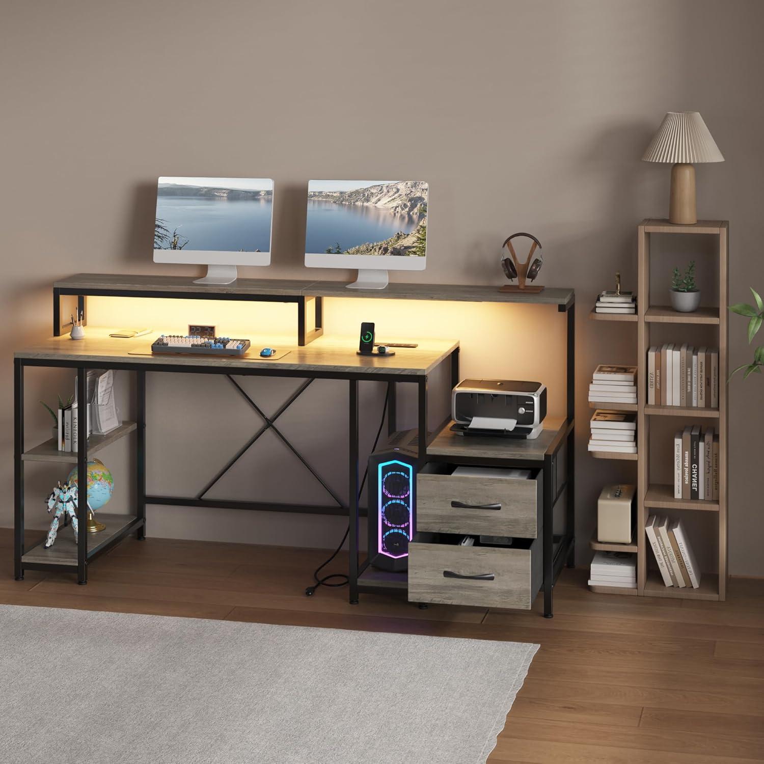 Modern Gray Wood Computer Desk with Power Outlets and Storage