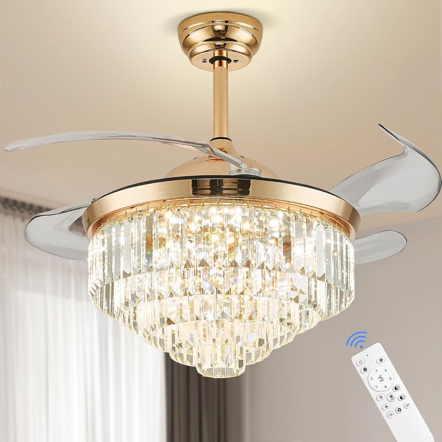 HOOMEDELIER 42" Chandelier Ceiling Fan with Remote, Crystal Beads Framed Fan with 4 Retractable Blades Smart Indoor Fandelier Fan