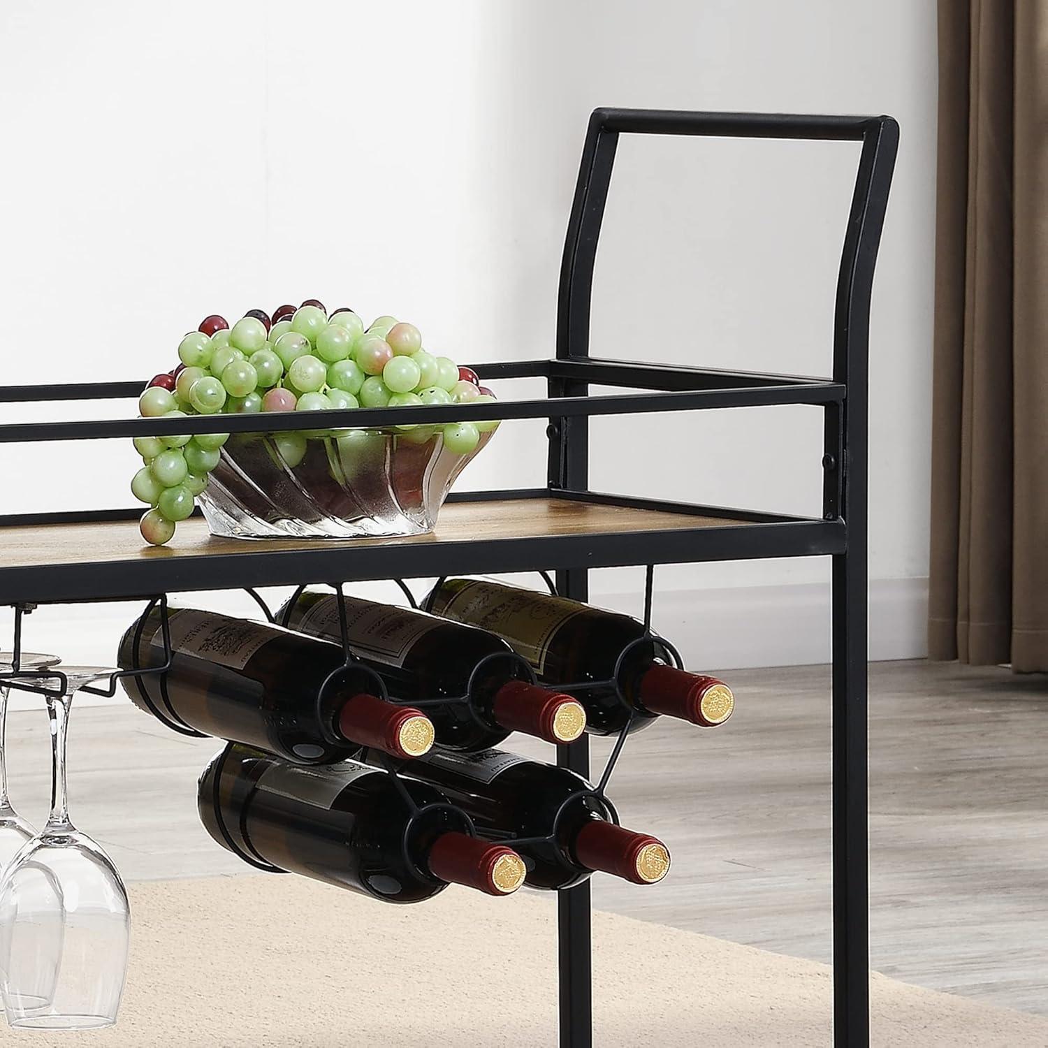 Black and Brown Industrial Bar Cart with Wine Rack