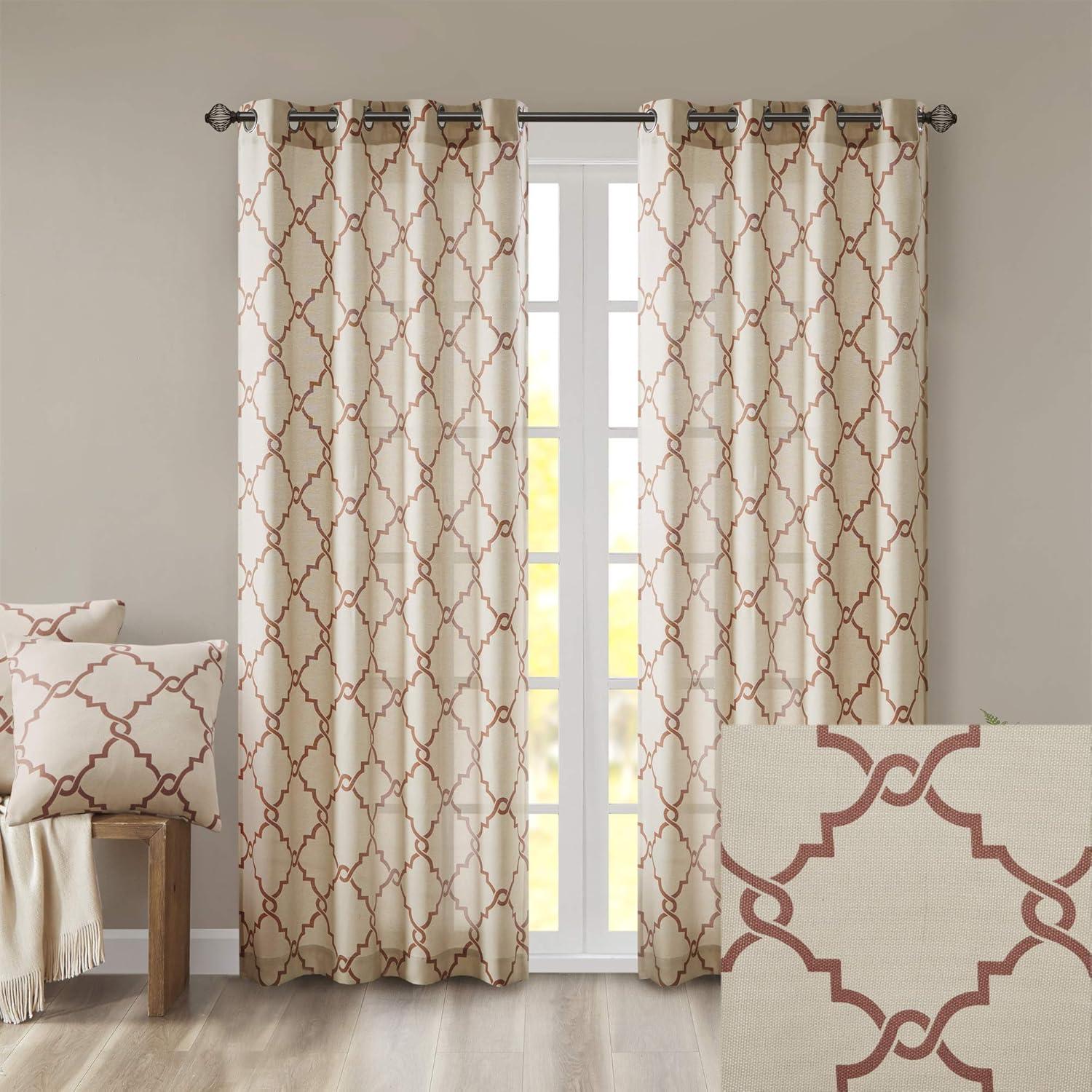 Beige and Spice Fretwork Cotton Blend Grommet Curtain Panel