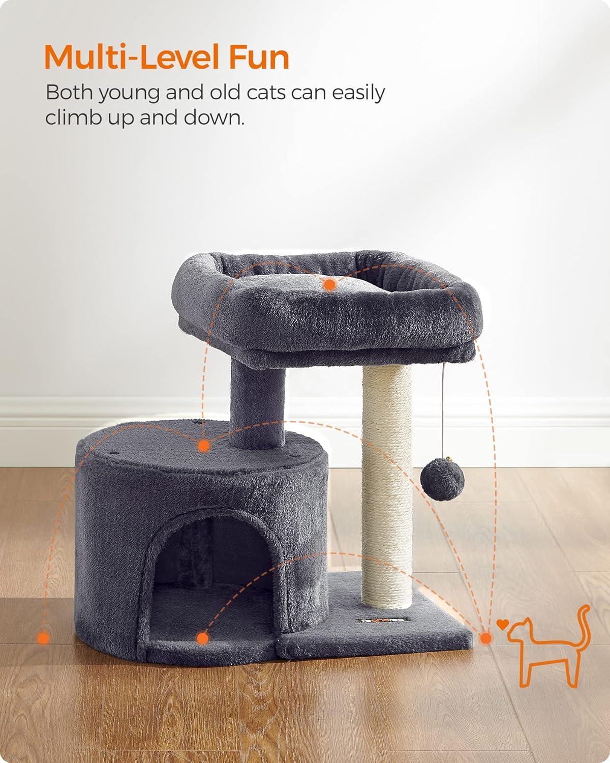 Smoky Gray Plush Cat Tree with Sisal Scratching Post