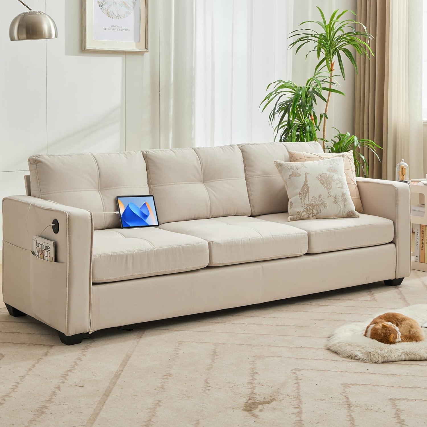 Beige Linen Reclining 88" 3-Seater Sofa with USB Ports