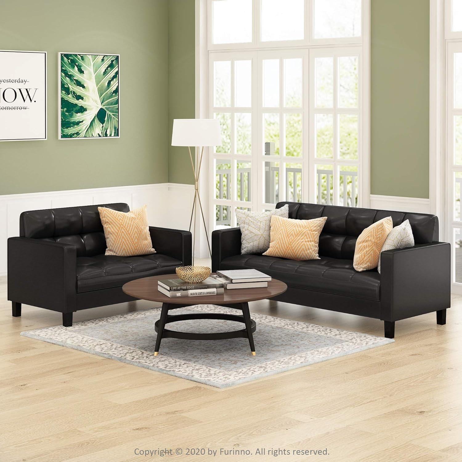 Furinno Brive Contemporary Tufted 3-Seater Sofa, Black Faux Leather