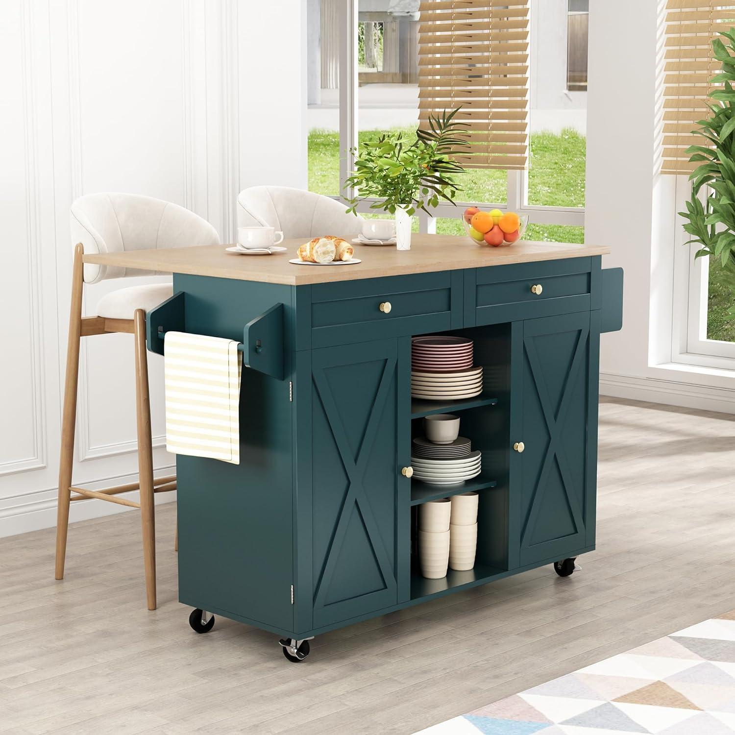 HLR Kitchen Islands with Storage and Drop Leaf, Green, 51.70 in