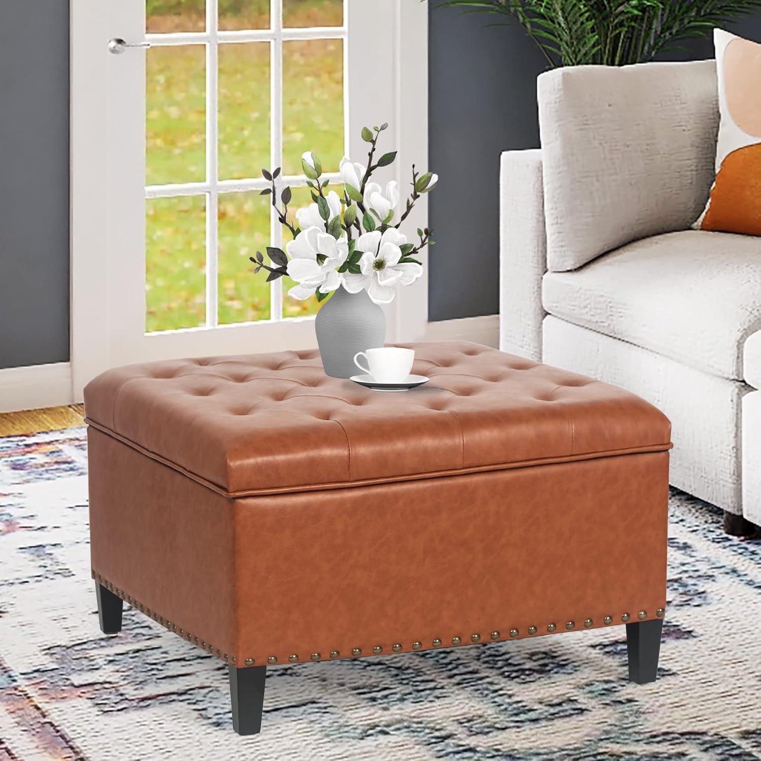 Adeco  Modern Square Fabric Upholstered Lift Top Storage Ottoman Bench
