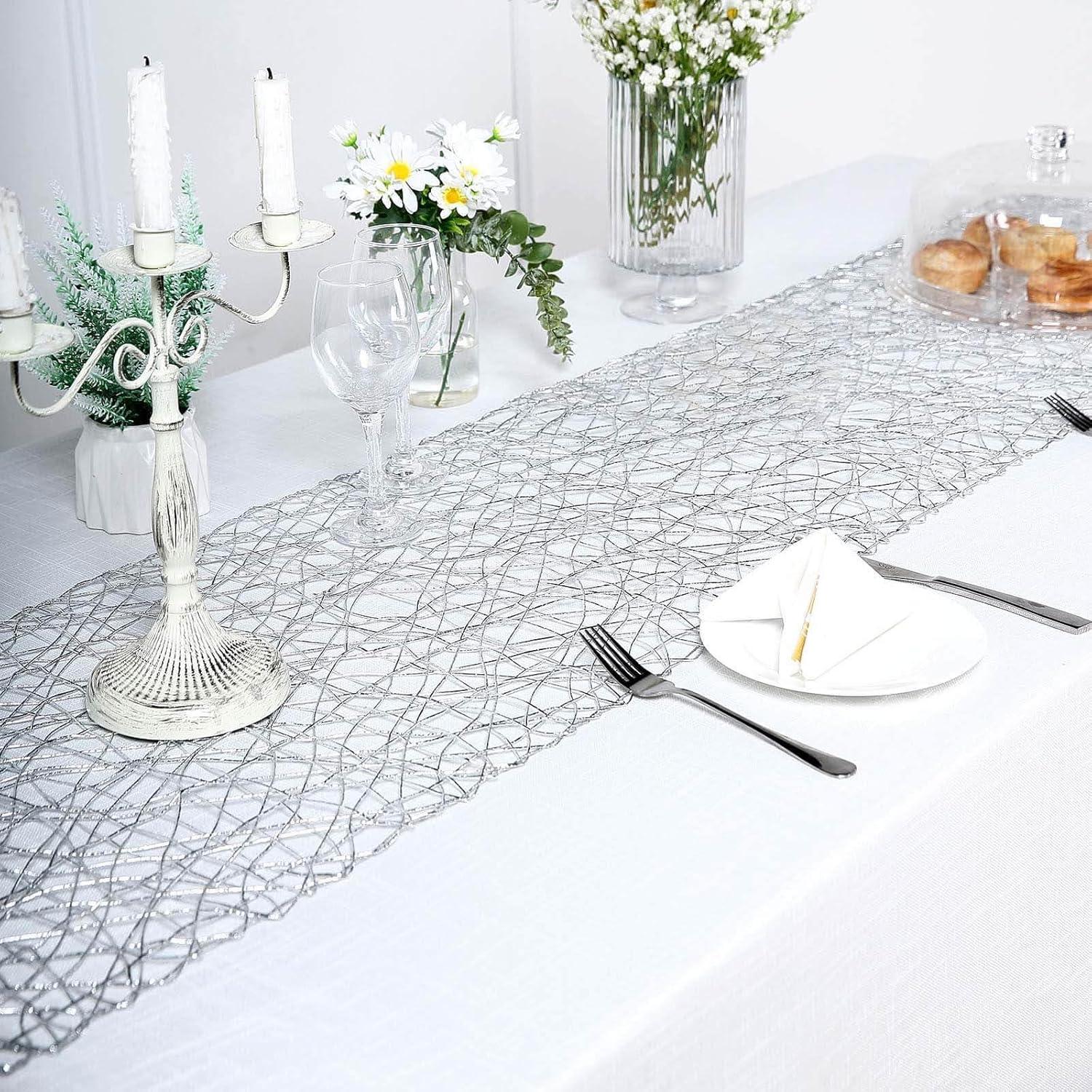 BalsaCircle 16x72" Silver Metallic Wire String Woven Table Runner Party Events Decorations