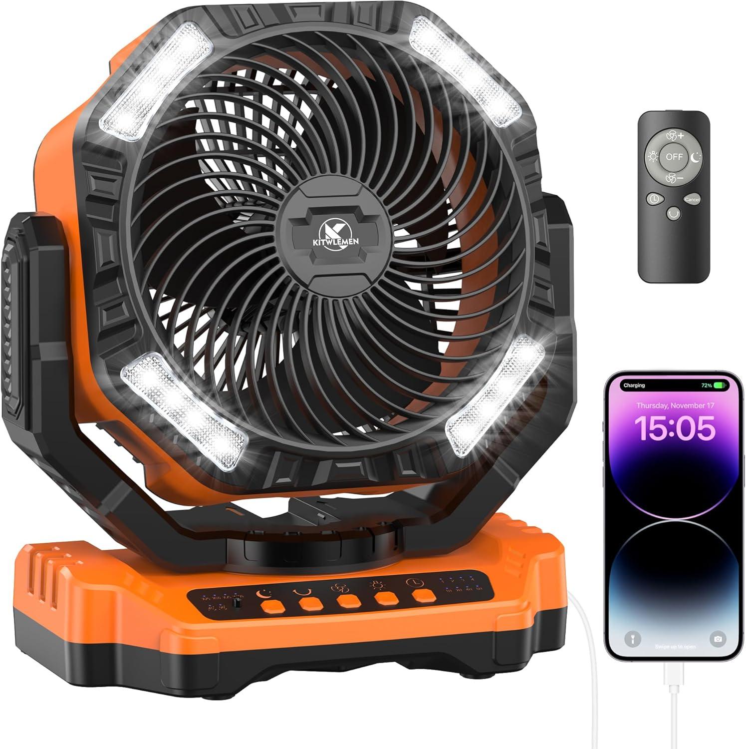 14-Inch Orange Rechargeable Oscillating Floor and Desk Fan with Remote