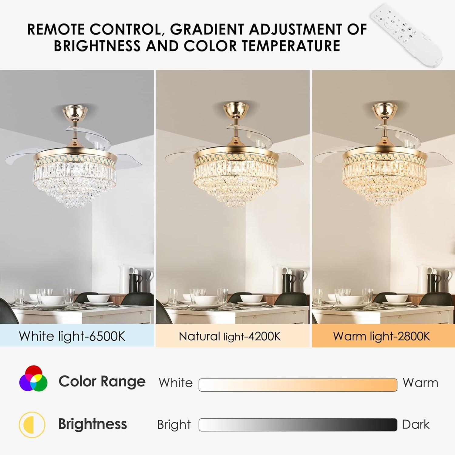 HOOMEDELIER 42" Chandelier Ceiling Fan with Remote, Crystal Beads Framed Fan with 4 Retractable Blades Smart Indoor Fandelier Fan