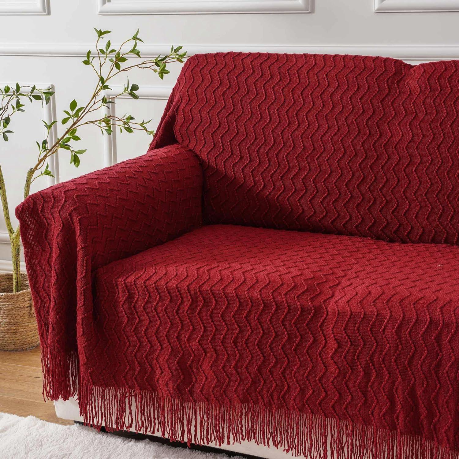 RPQZ Maroon Red Knit Throw Blanket Couch, Soft Knitted Boho Farmhouse Home Decor Woven Throw, Cozy Decorative Afghan Bed Sofa, Outdoor Summer Fall Gift Lightweight, Burgundy Wine Cranberry, 50x60