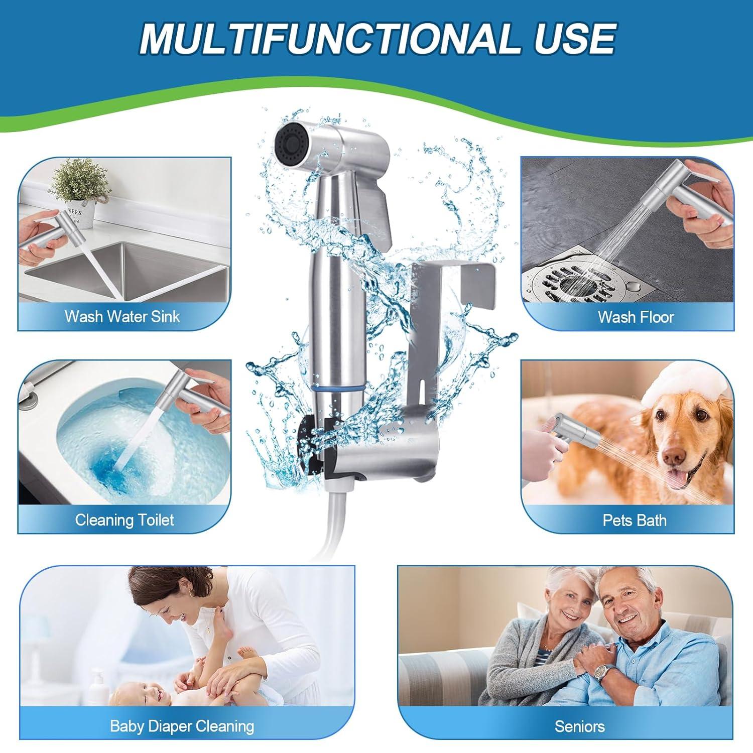 TURLEE-Handheld Bidet Sprayer for Toilet -Brass T-valve Adapter, Sprayer Adjustable Water Pressure Control with Bidet Retractable Spring Hose for Feminine Wash.