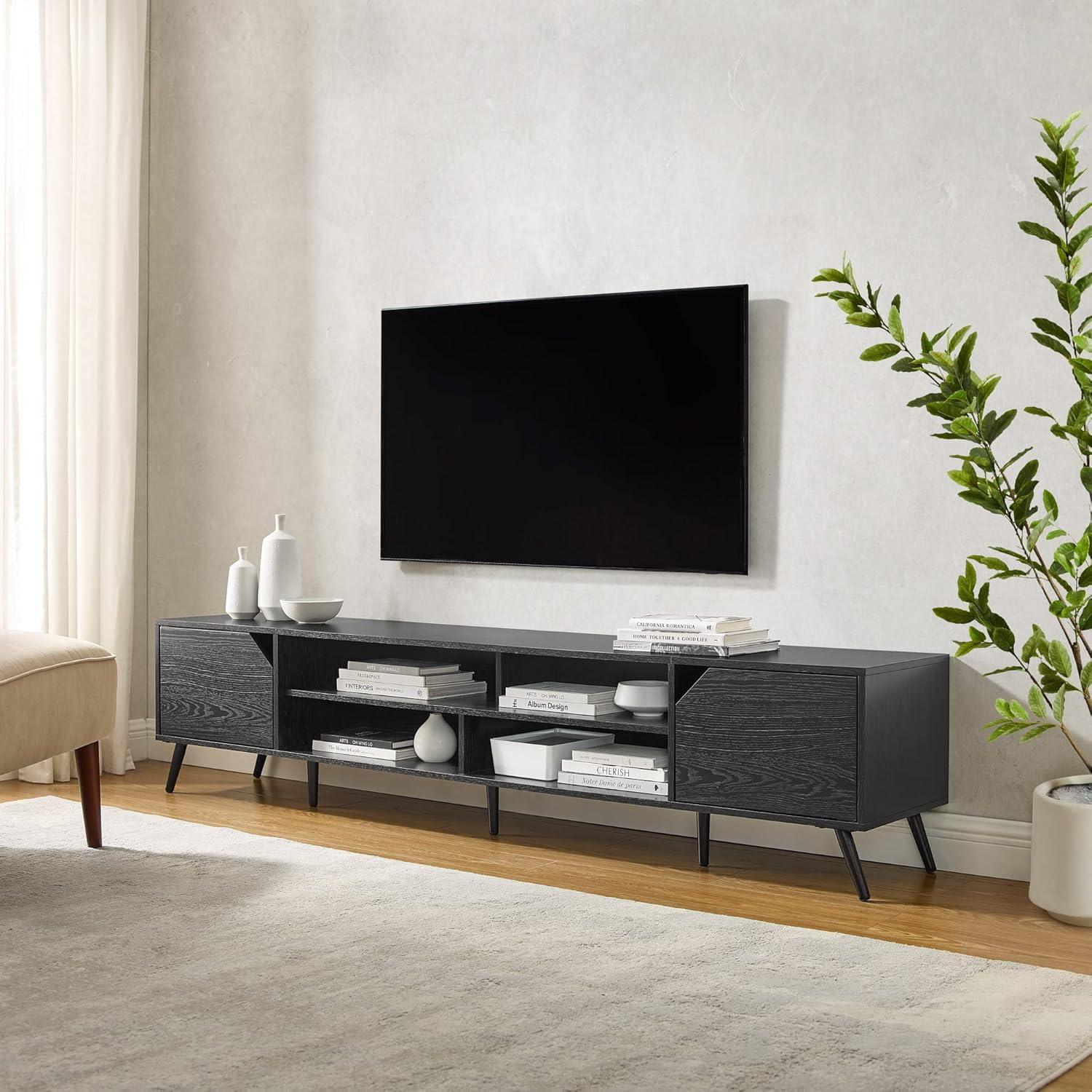 Black 80" Modern TV Stand with Cabinets and Open Shelves