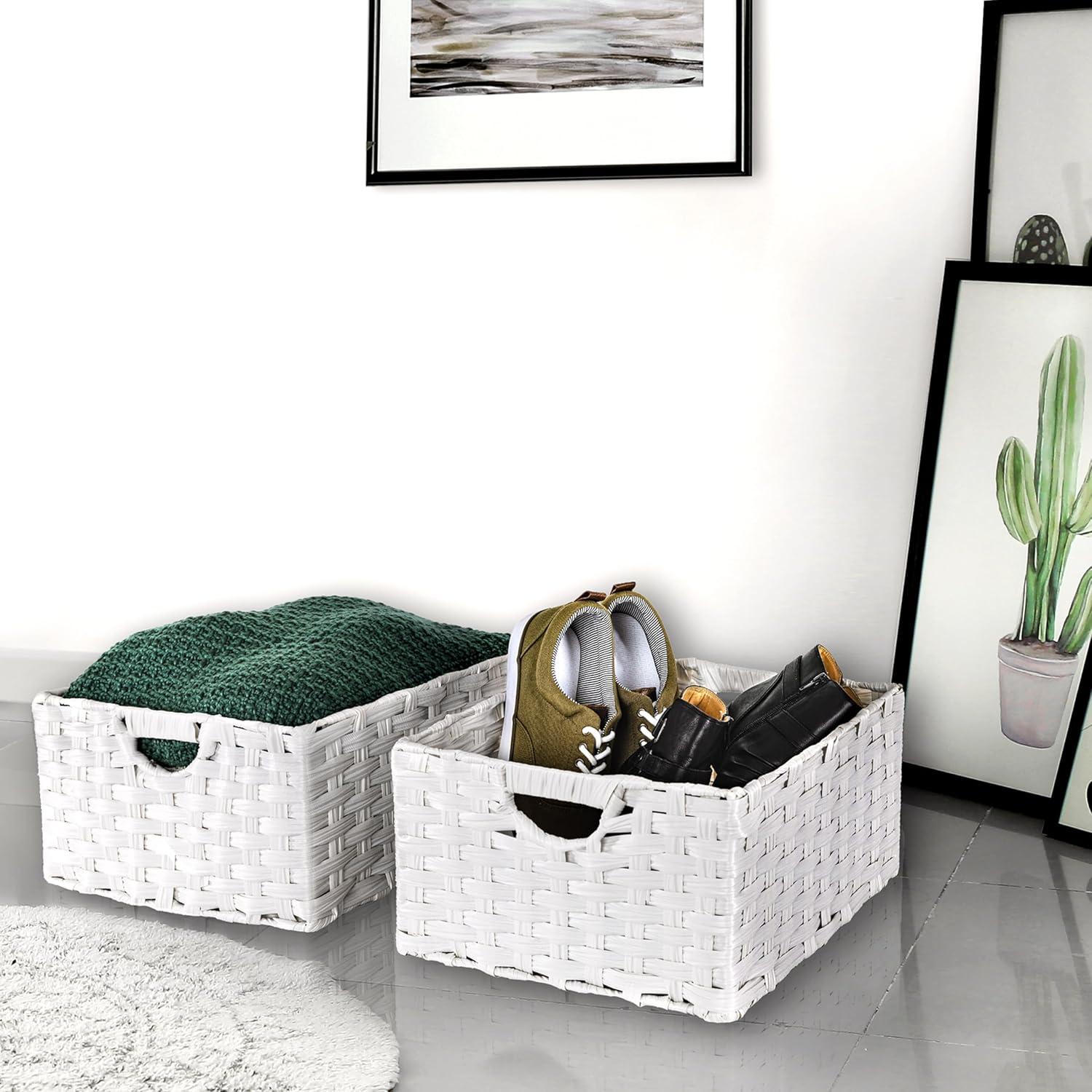 White Handwoven Square Storage Baskets with Handles (2-Pack)