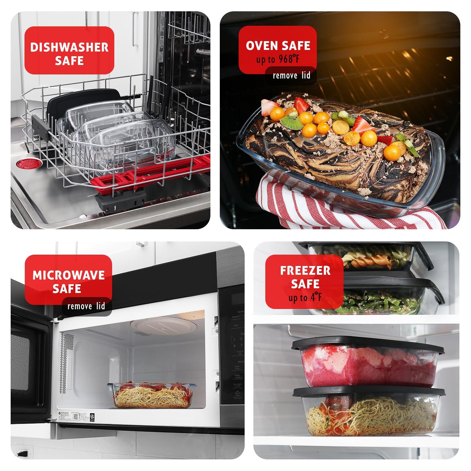 Joytable Set of 3 Bread Loaf Pans with Airtight Lids, 1.9 Quart Deep Rectangular Glass Food Storage Containers