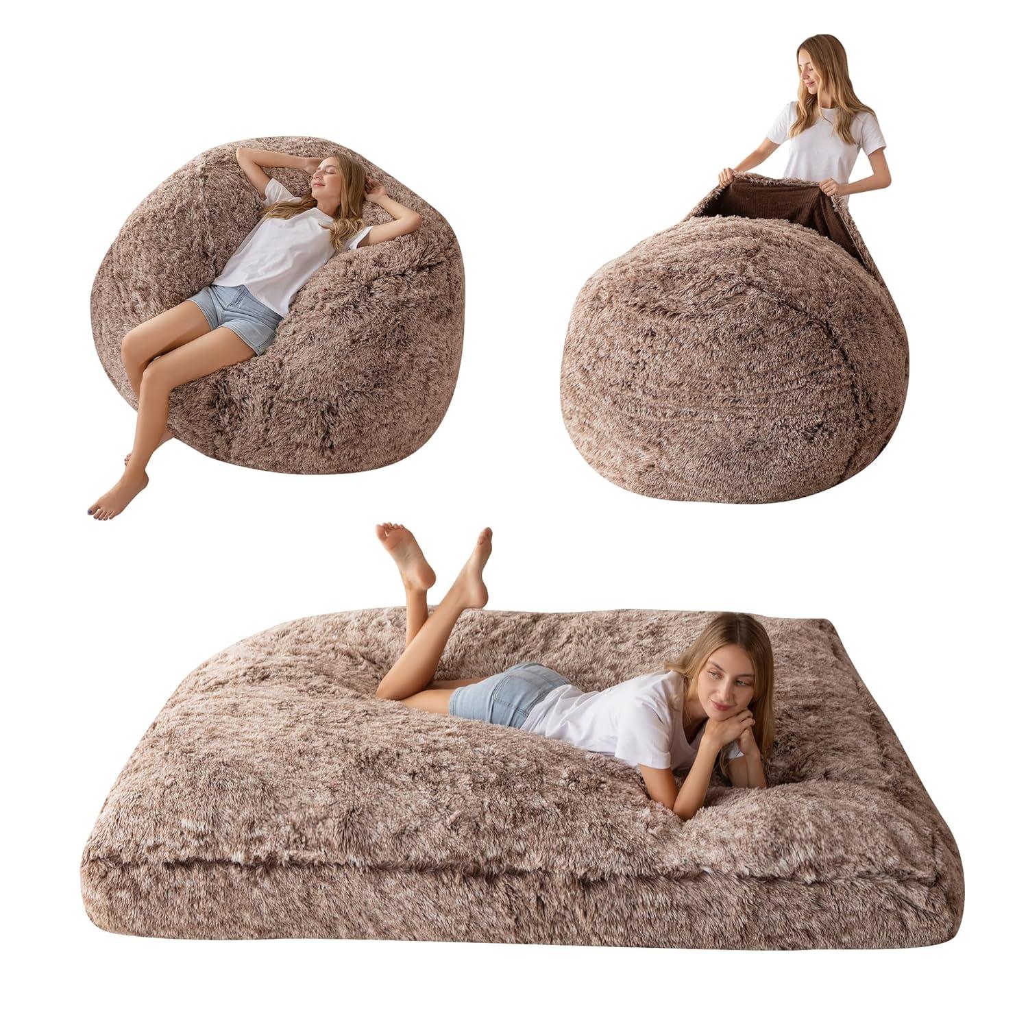 Large Faux Fur Convertible Bean Bag Chair and Bed
