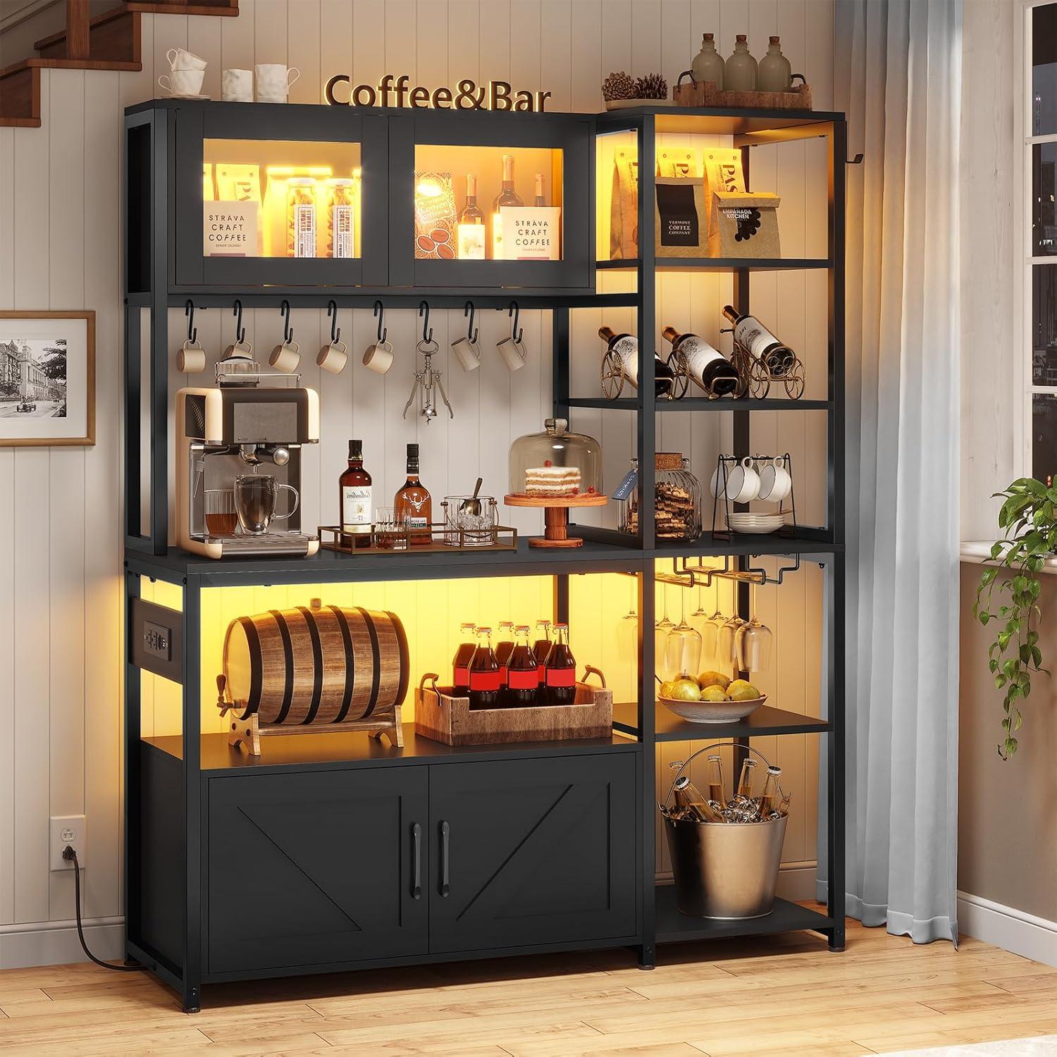 Bakers Rack with Power Outlet and LED Light, 45.3 Inch Farmhouse Coffee Bar Cabinet, Kitchen Microwave Stand with Storage, Glass Cabinet, Goblet Holder and 8 Hooks, Black