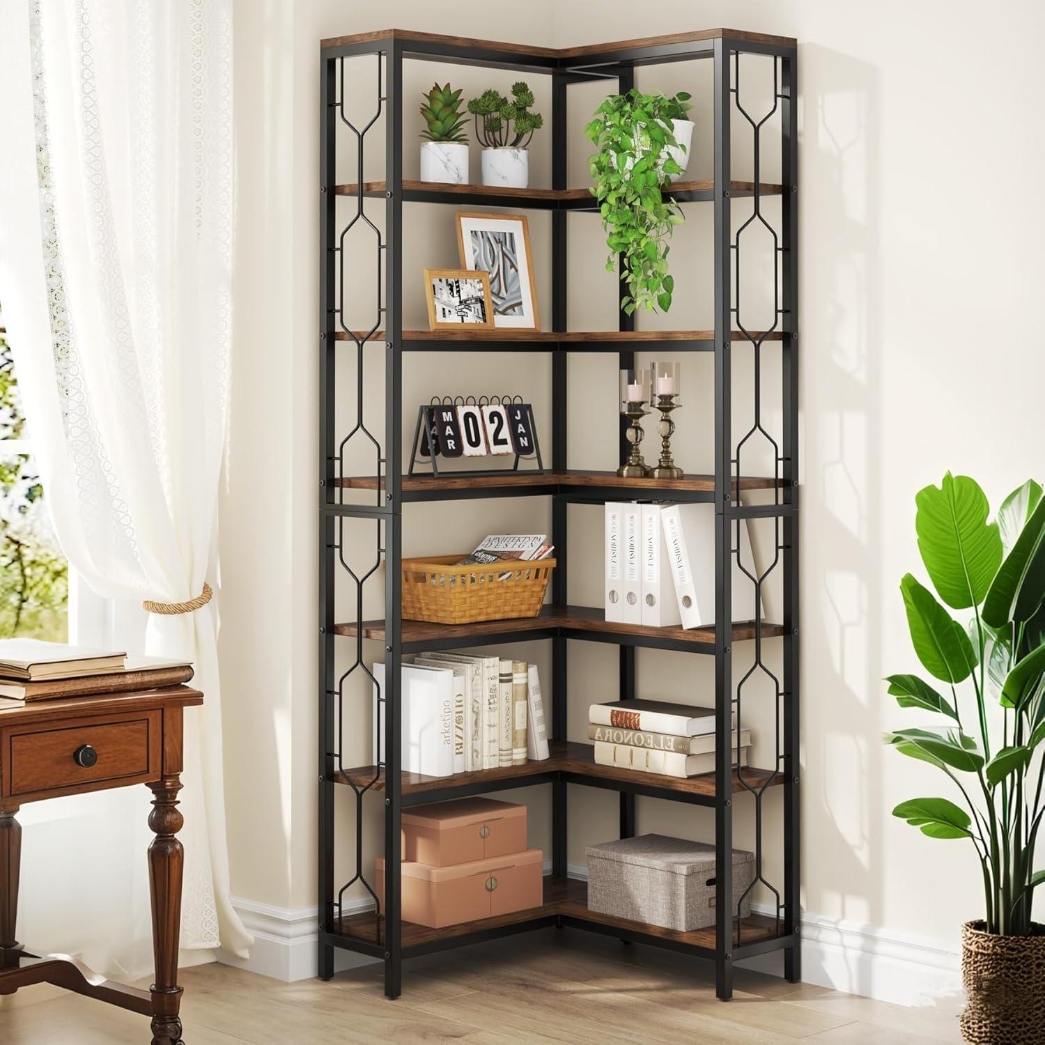 Hommoo 7-Tier Industrial Corner Bookshelf Rustic Brown
