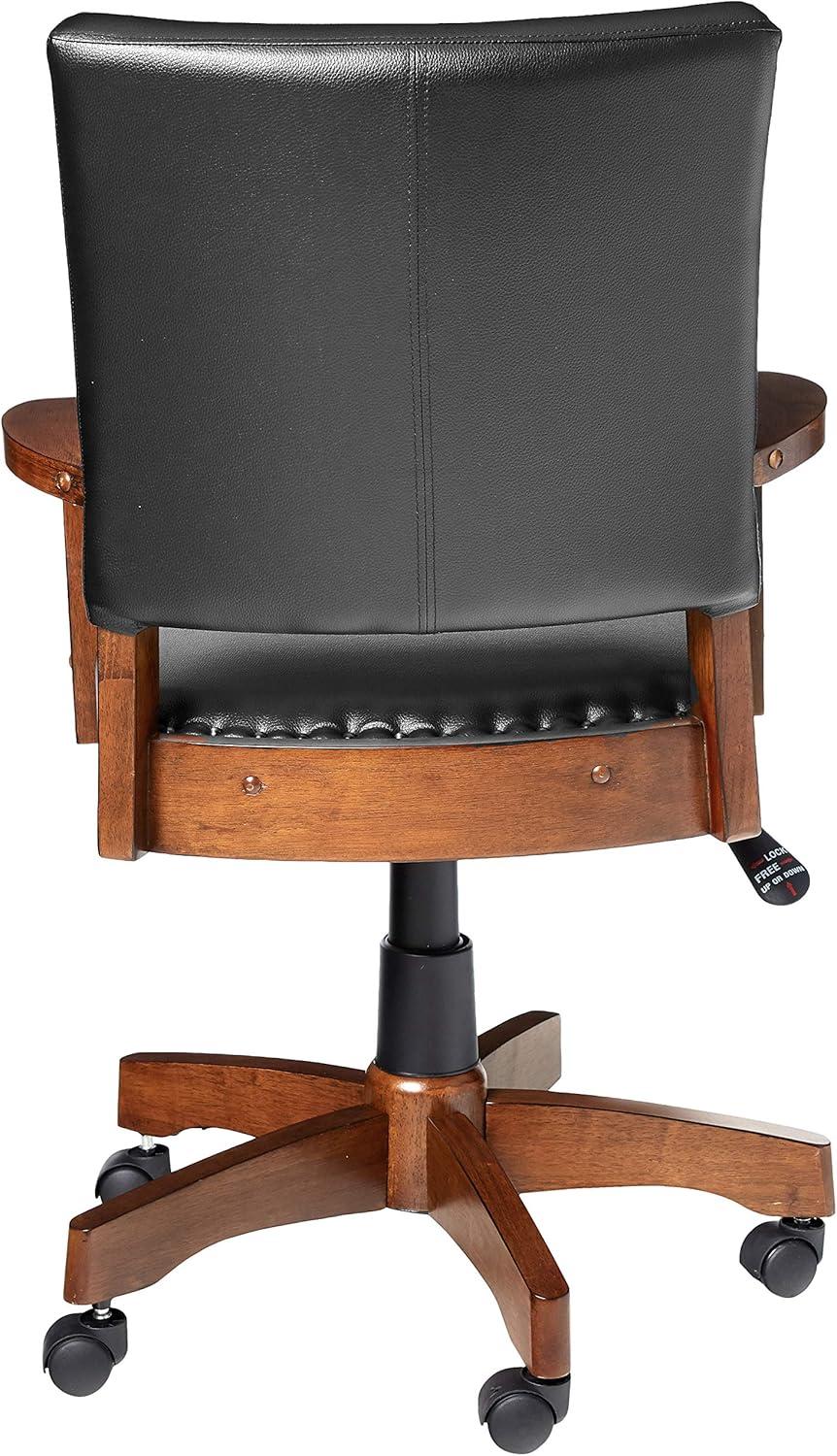 Deluxe Black Leather Swivel Banker Chair with Wood Accents