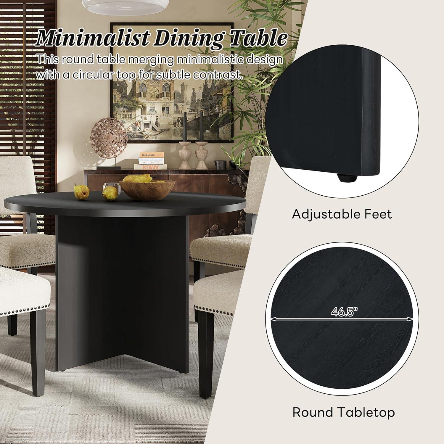 Modern Black Pedestal Round Dining Table Set with Upholstered Chairs